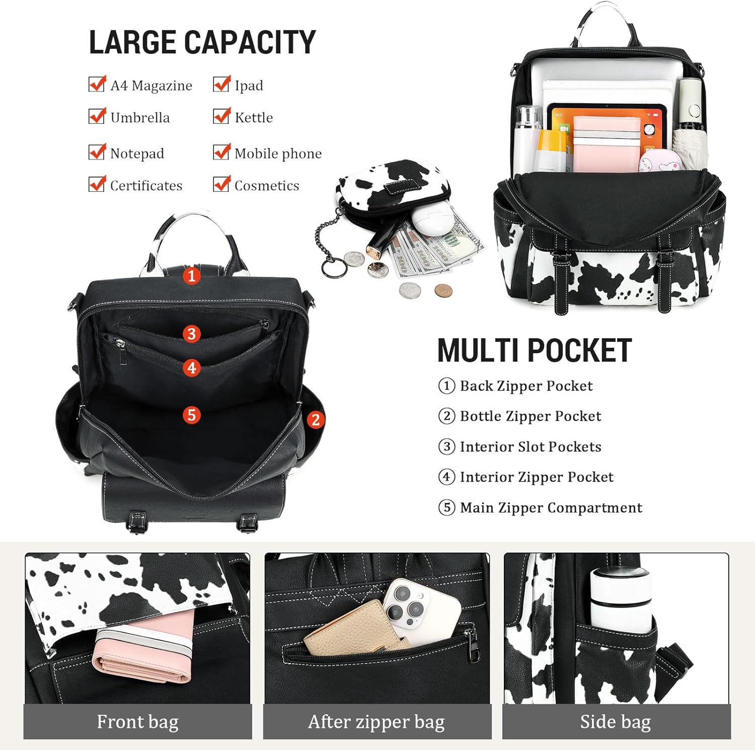 Backpack Purse for Women PU Leather Back Packs Designer Ladies Shoulder Bag Fashion Faux Work Travel Handbags - Image 4