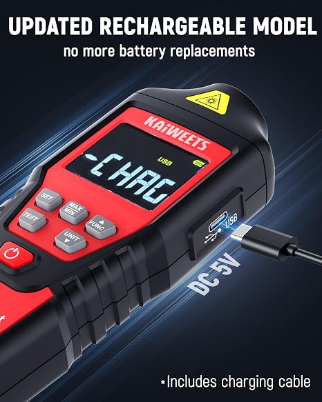 KAIWEETS 2-in-1 Laser & Contact Tachometer with Rechargeable Battery, Photo Sensor 10-99999RPM and Contact 1-19999RPM High Accuracy RPM Meter with Backlight Hold/MAX/MIN/AVG, HI/Low Alarm Function