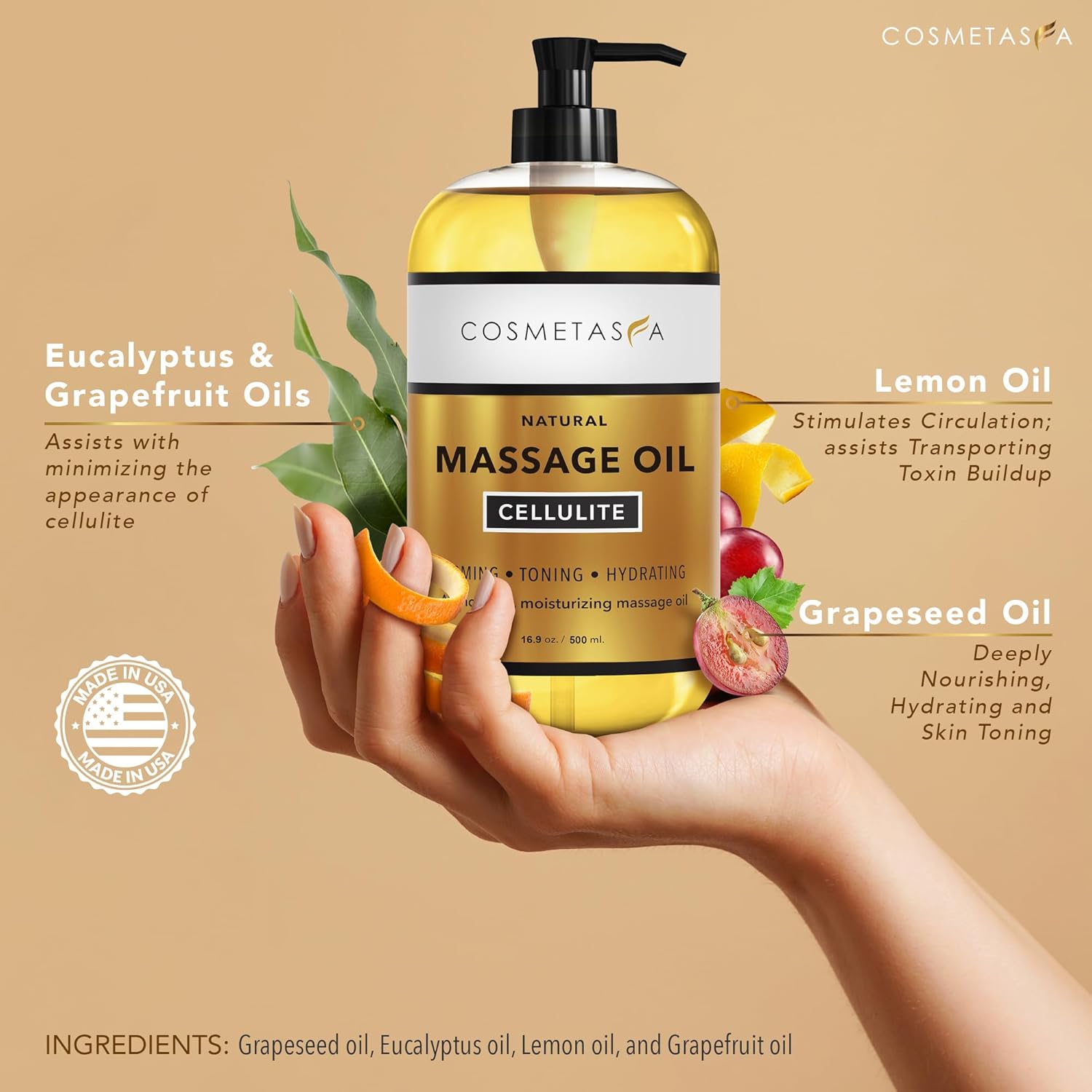 Cosmetasa Massage Oil Kit - Anti Cellulite Massage Oil with Organic Arabica Coffee Face & Body Scrub, Exfoliating Gloves, Massager Mitt - Body Massage Oil for Massage Therapy - Massage Oil Gift Set
