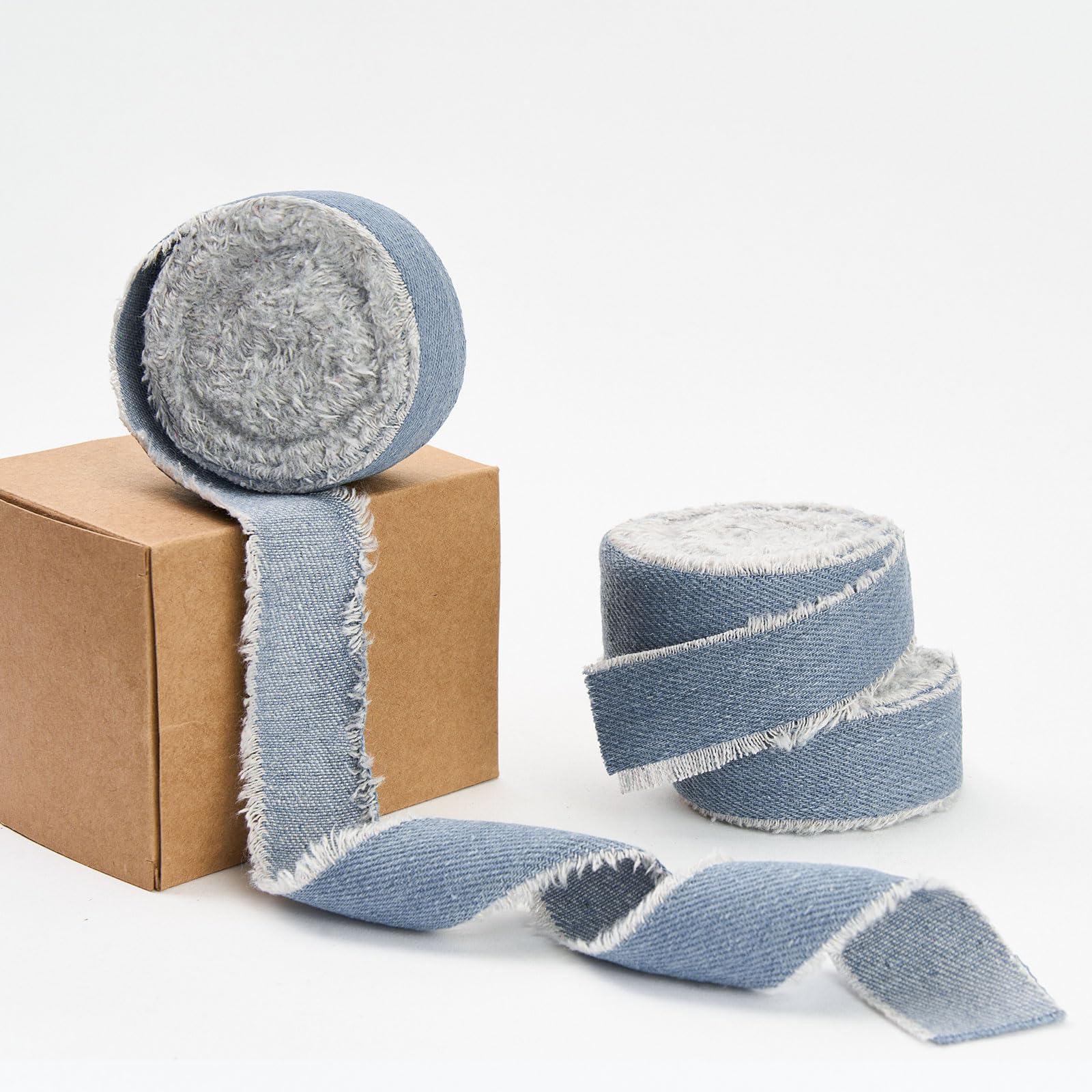 Pretty Jolly Light Blue Denim Ribbon for Gift Wrapping Handmade Rustic Frayed Cotton Fabric Ribbon for Flower Bouquet Total 15 Yards 1 Inch Ribbons for Crafts Hair Wedding Invitation Holiday Decor โ image 1