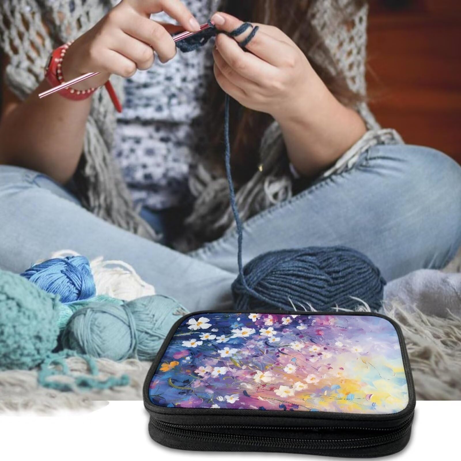 Bivxisrvo Floral Crochet Needle Case, Crochet Hook Organizer Storage Bag, Knitting Needle Organizer for Carrying Circular Knitting Needles,Crochet Hooks,Knitting Accessories,Sewing Tools
