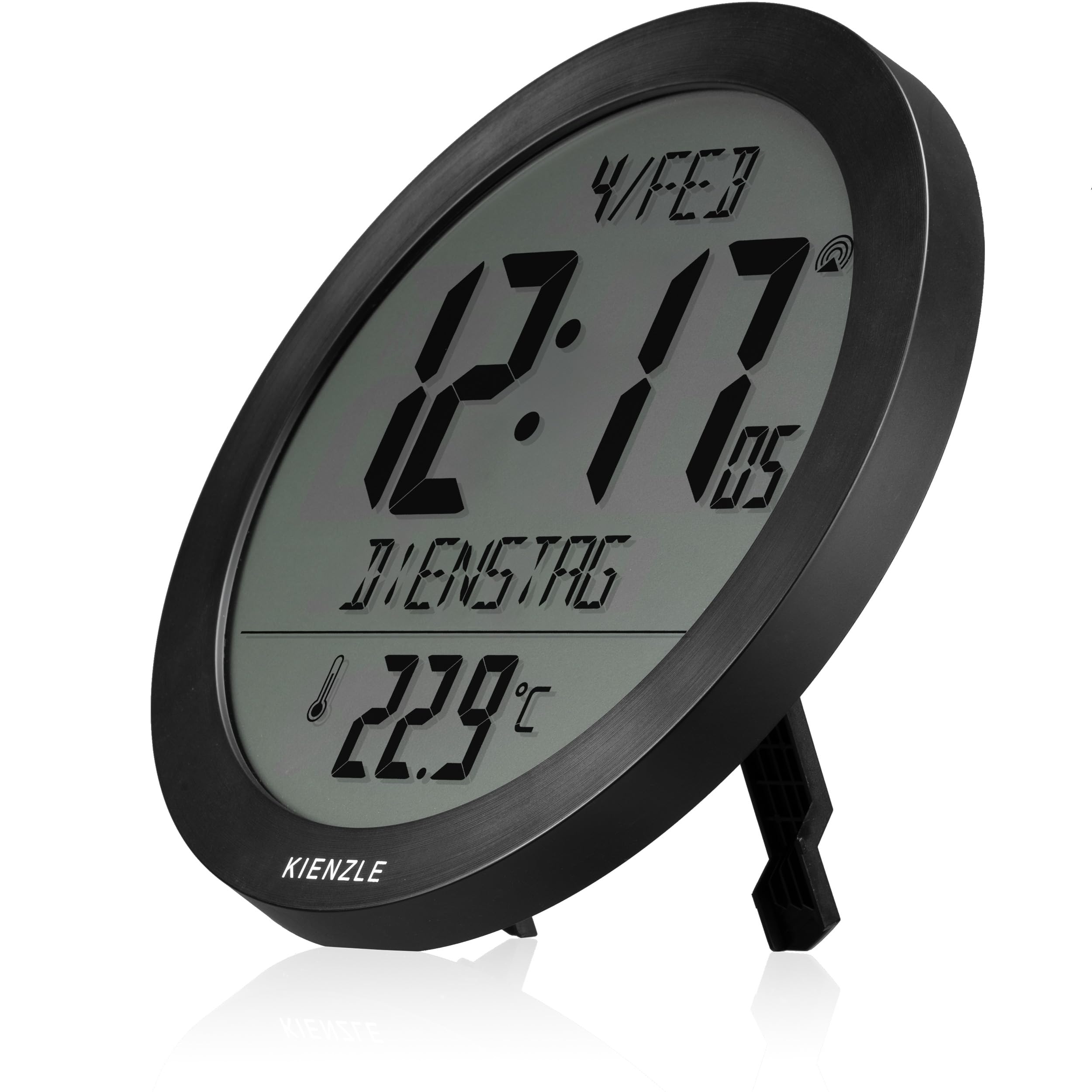 Kienzle Funkwanduhr Tischuhr mit Temperaturanzeige 18,7 cm Display DCF-Zeit Datum 2 Weckzeiten Schlummer schwarz
