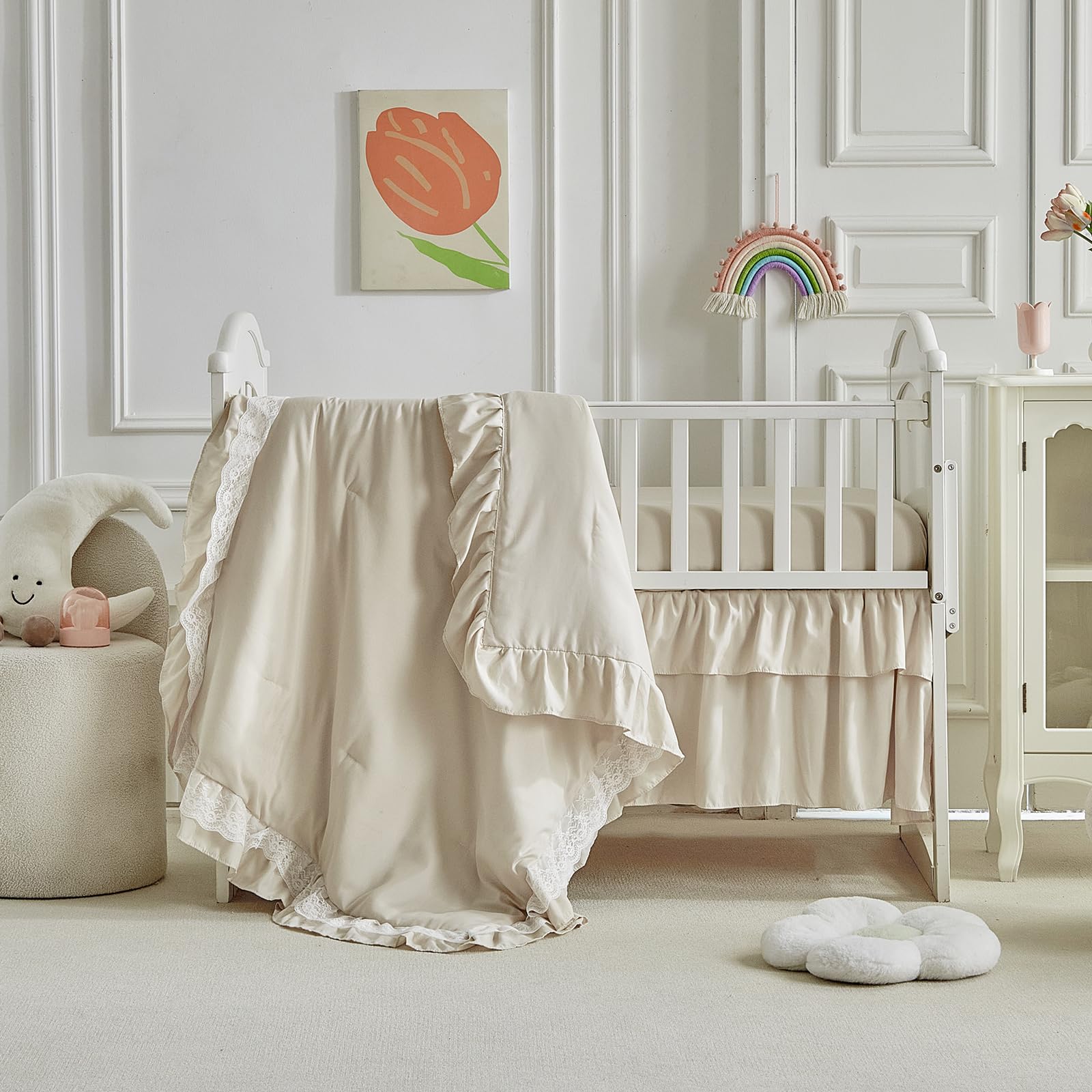 Photo 1 of Lace Ruffle Crib Bedding Set 3 Pieces Baby Boho Lace Quilted Comforter with Fitted Sheet and Bed Skirt - Cute Ruffled Shabby Chic Baby Bedding Soft Blanket Design Pink
