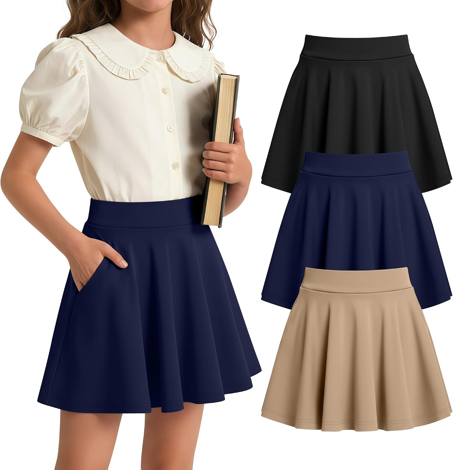 3 Pack Girls Uniform Skirts Shorts | Pleated Skorts, Built‑In Shorts, High Waist Skater, with Pockets, , School, for 5-14Y