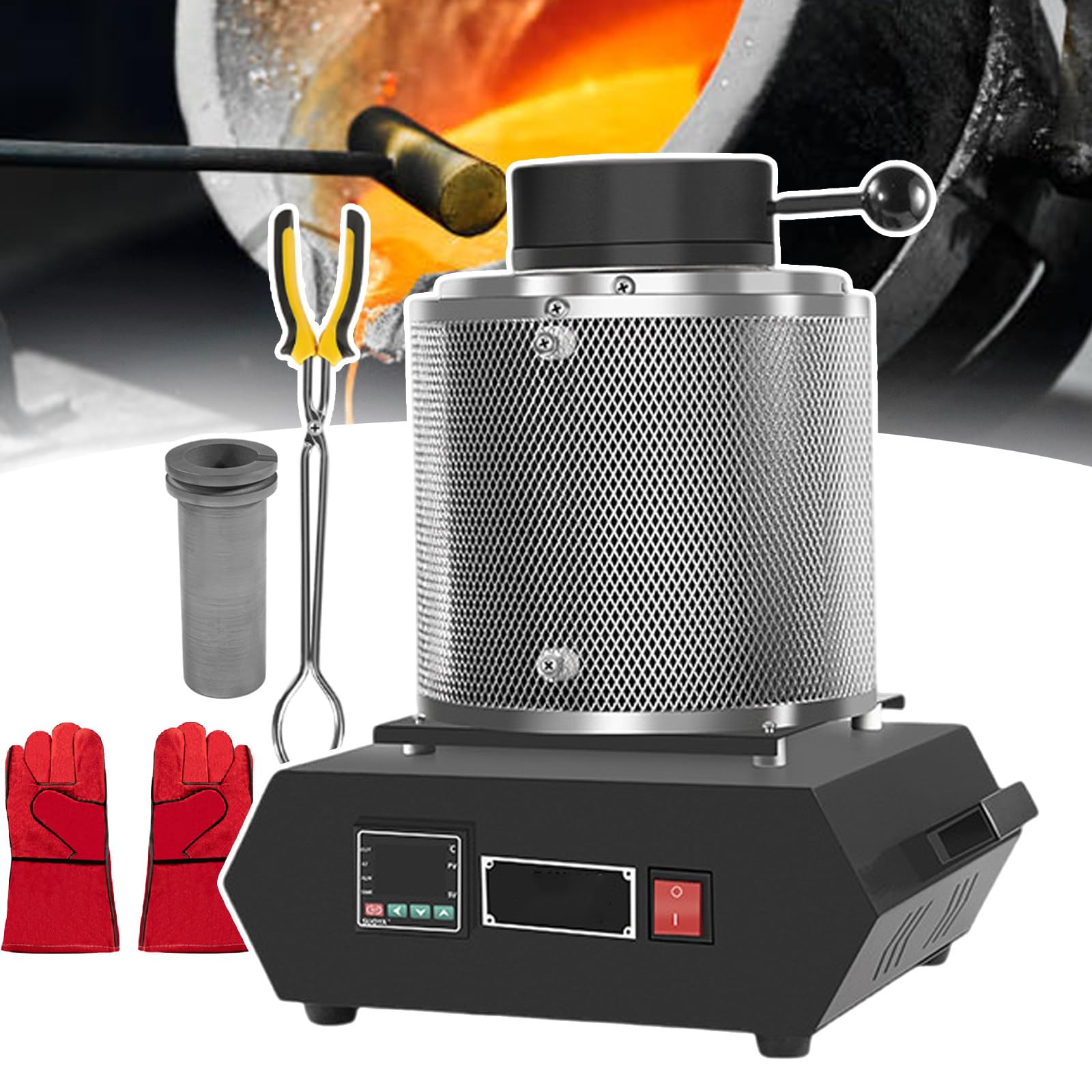 Horno De Fundición Eléctrico, Kit para Fundir Oro A 2100 ℉/1150 ℃, para Oro, Plata, Cobre Y Aluminio. Incluye Crisol De Grafito, Guantes Aislantes Y Pinzas para Crisol Black-1kg