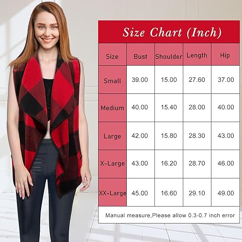 Vista 7 de SOMOYA Chaleco a cuadros para mujer, casual, con solapa, frente abierto, sin mangas, chaqueta con bolsillos