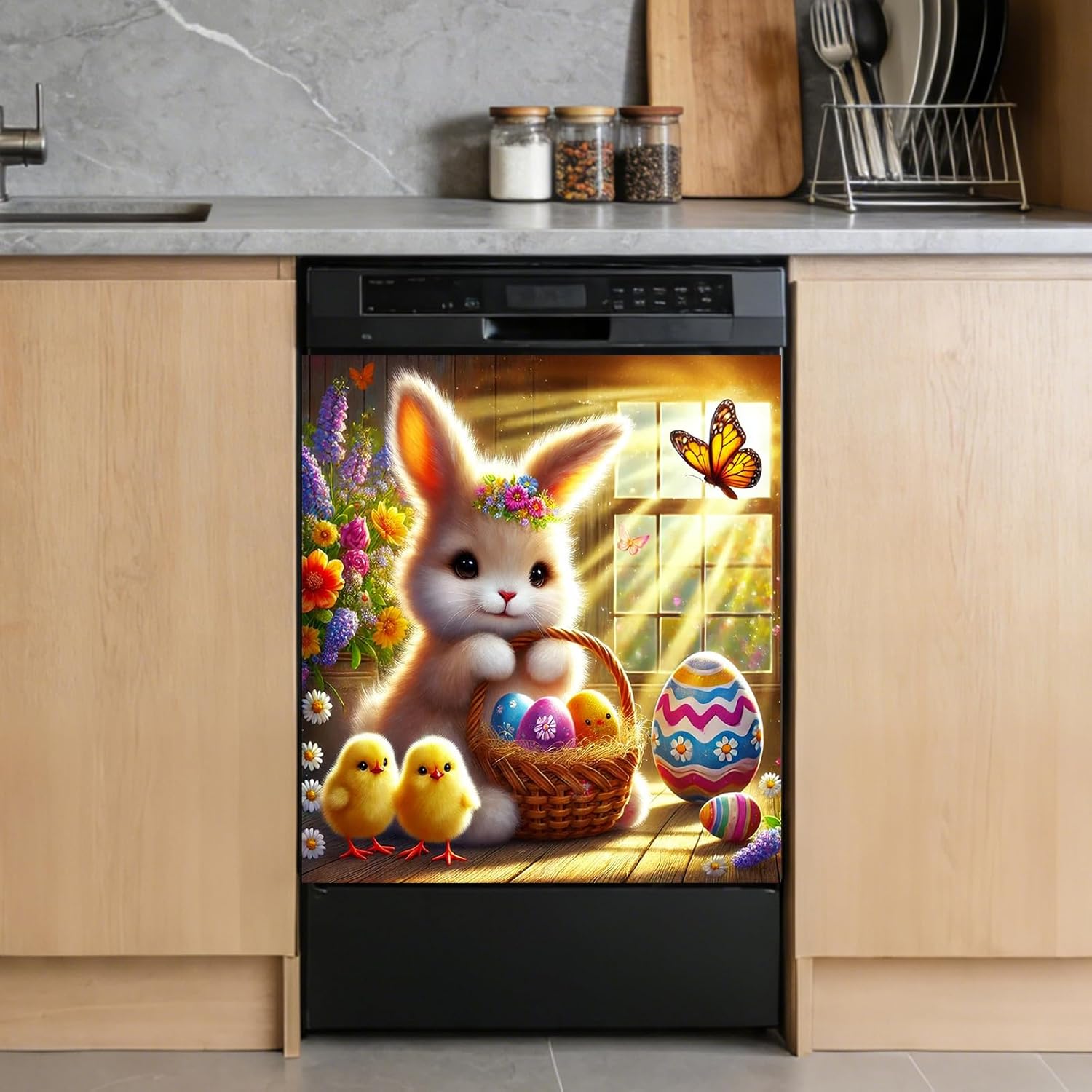 Nuxovilar Dishwasher Magnet Cover - Easter Bunny & Carrots PVC 25.59×23.03inch Easter Decorative Cover, Fun Accent for Kitchen, Appliance, Holiday Setups