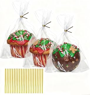 100 Pack 5"×2"x6.5" Cellophane Muffin Bags with Gold Twist Ties Pro Grade Flat Bottom Design for Cupcakes, Macarons & Chocolate Treats (Fits Cookies, Strawberries) Reusable Resealable Bakery Packaging