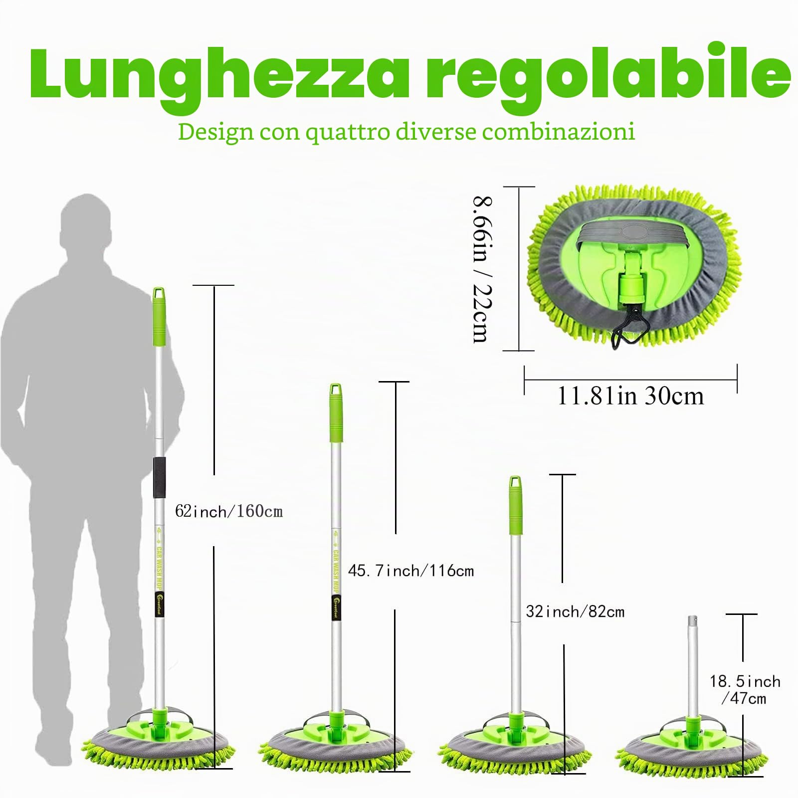 160cm Spazzola di Pulizia per Lavaggio Auto con Manico Lungo, 2 in 1 Microfibra Spazzolone per Autolavaggio Guanto Kit per Auto Camper Camion SUV, Non Danneggia Vernice (2 x Teste per Mocio)