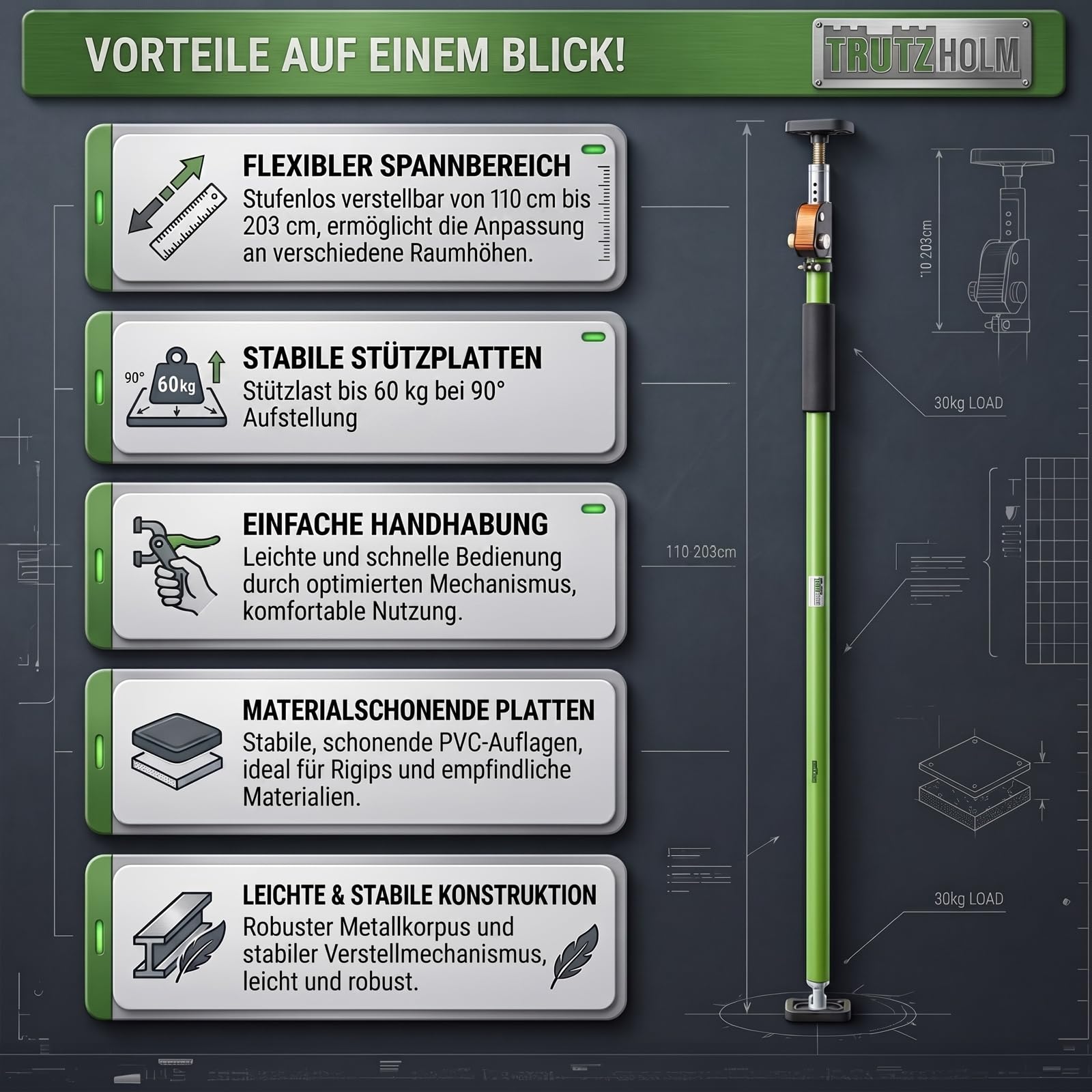 TRUTZHOLM Einhandstütze 110–203 cm Montagestütze Deckenstütze Teleskopstütze 60 kg Tragkraft höhenverstellbar, robust, 45 Grad neigbar, teleskopierbar, verschiedene Mengen (2)