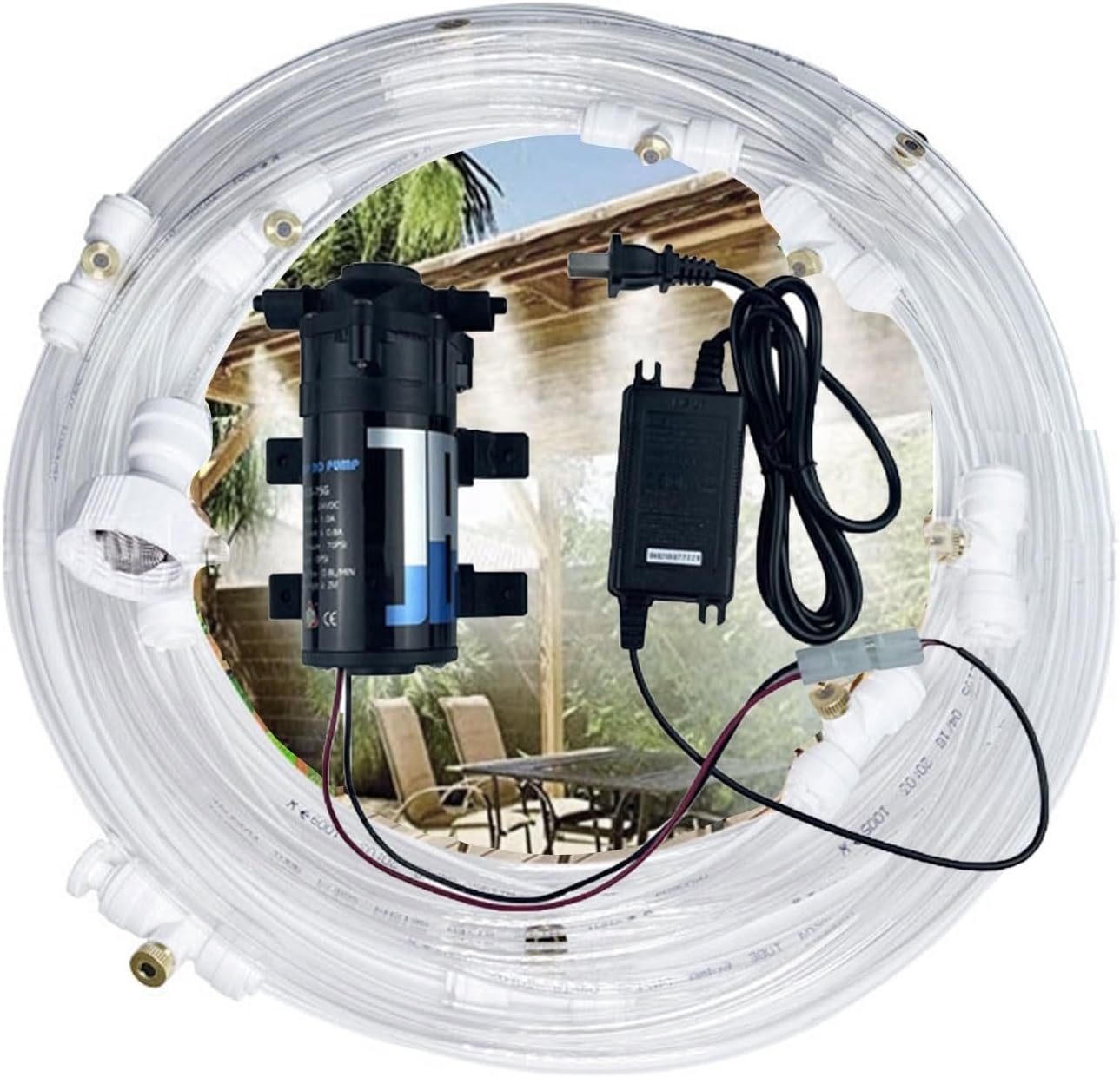 Garden Irrigation Misting Sprinkler System with Pump Misting Cooling System, Fog Cooling Outdoor Mister System for Outside Patio DIY Plant Watering Devices Misting Cooling System ( Color : Black tee ,
