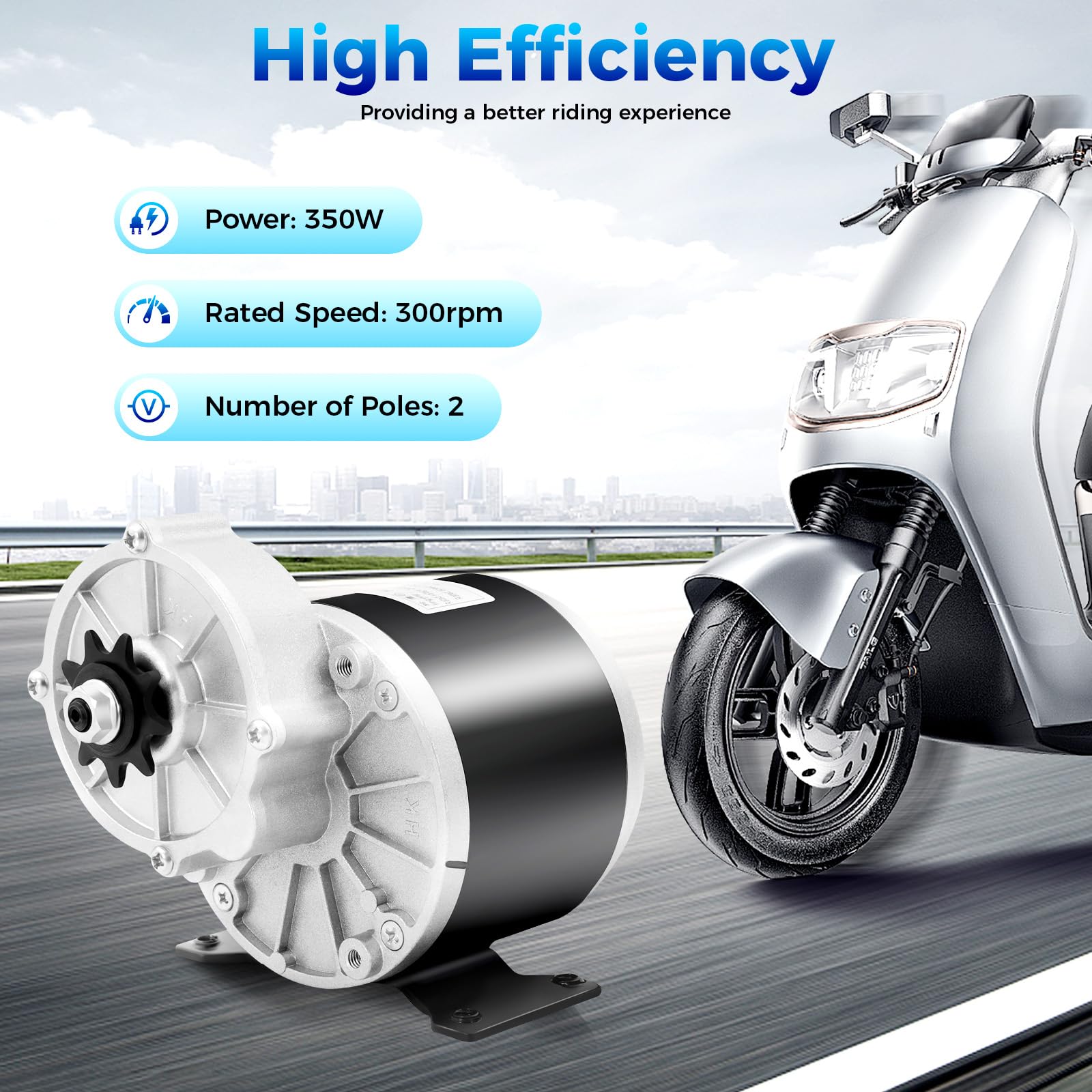 24V 350W Electric Vehicle Geared Motor MY1016Z, Durable Brush Motor 300RPM for E-Scooter, Bike, Go-Kart, and Agricultural Equipment with Copper Coils