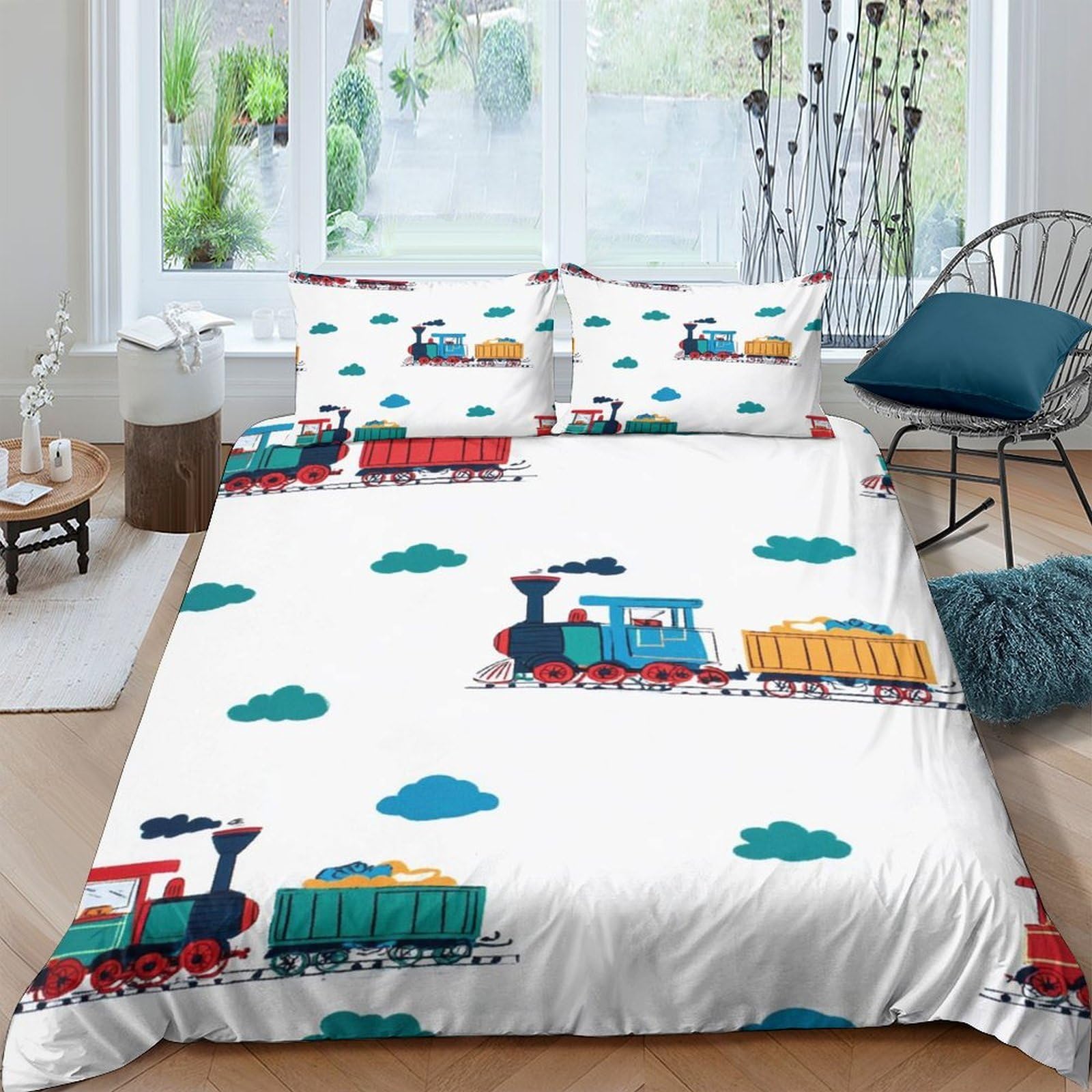 Ctjqhvkz Style-2 3D Printed Colorful Train Fitted Sheet Microfiber Soft Anti-Slip Cloud Theme Bed Cover For Bedroom Dorm Guest Room Single（135X200cm）