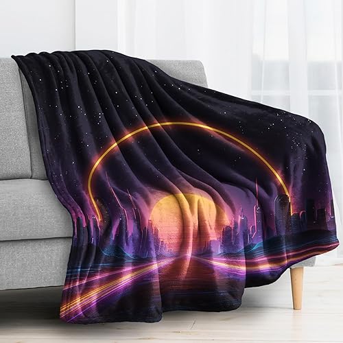 Miniatura 3 de Manta retro con diseño de atardecer, manta de vellón Vaporwave Neon City para sofá, cama, sofá, mantas y mantas con patrón Cyberpunk, manta de