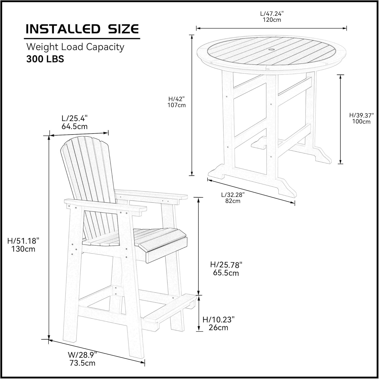 Patio Bar Table Set High Top Outdoor Table and Chairs Set of 5, Bar Table & Stools Set with Tall Adirondack Chairs Set for 4 with Umbrella Hole Weather Resistant (Grey &White)