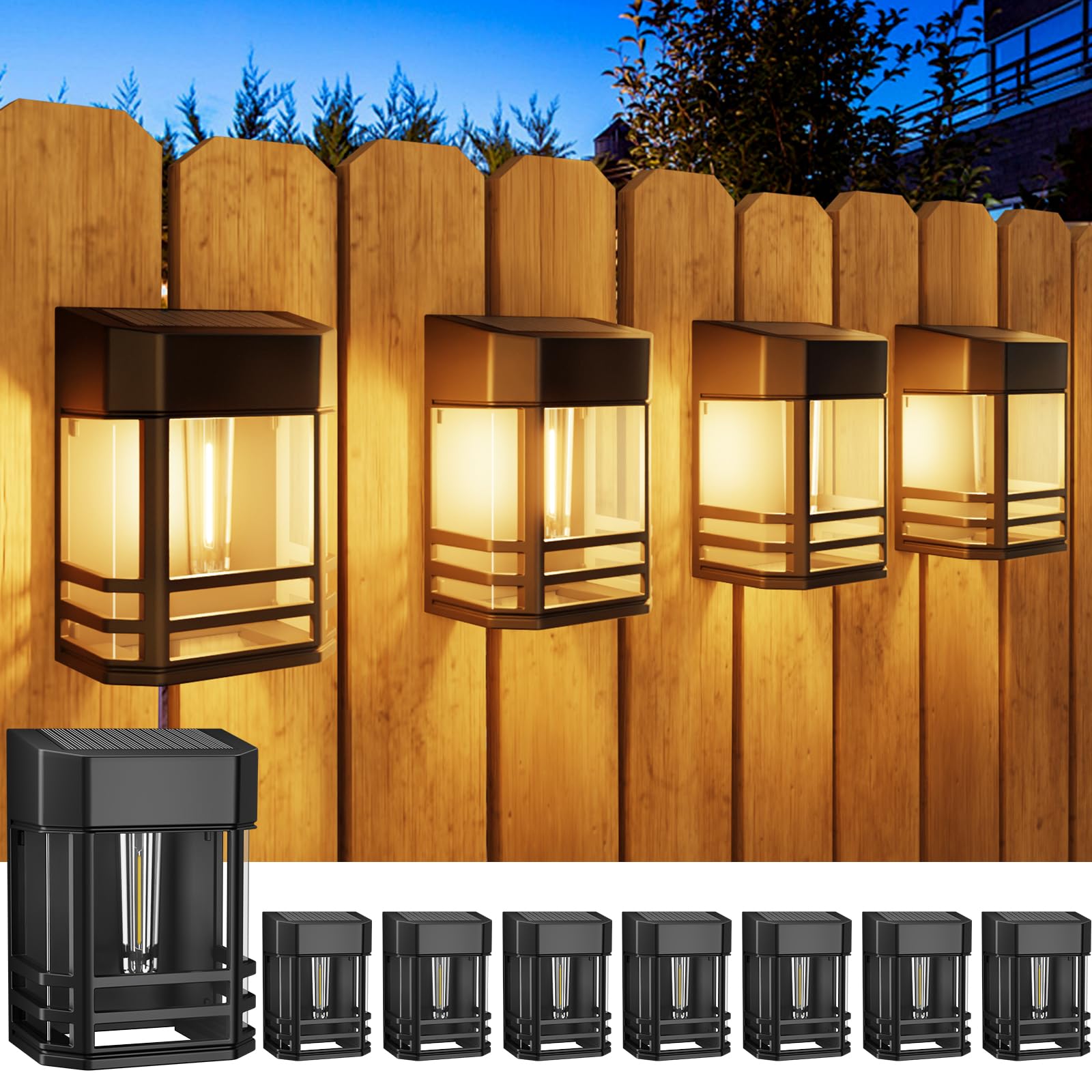 Woolmug 8 Pack Solar Fence Lights Outdoor Garden, Waterproof Retro LED Wall Lights, Auto On/Off Solar Lights Outdoor Garden Fence Lighting for Patio Decking Gate Yard Decoration, Warm White