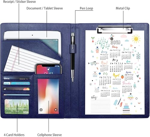 Miniatura 2 de WAVEYU Padfolio - Carpeta portapapeles de piel sintética con cubierta para tamaño carta A4, soporte para bolígrafo, para escuela de negocios,