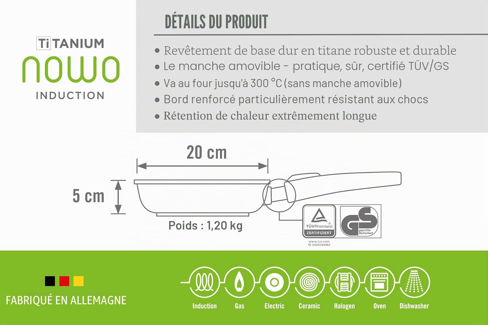 Woll nowo Poêle pour Induction (Bord Haut, Manche Amovible) 20 cm Noir