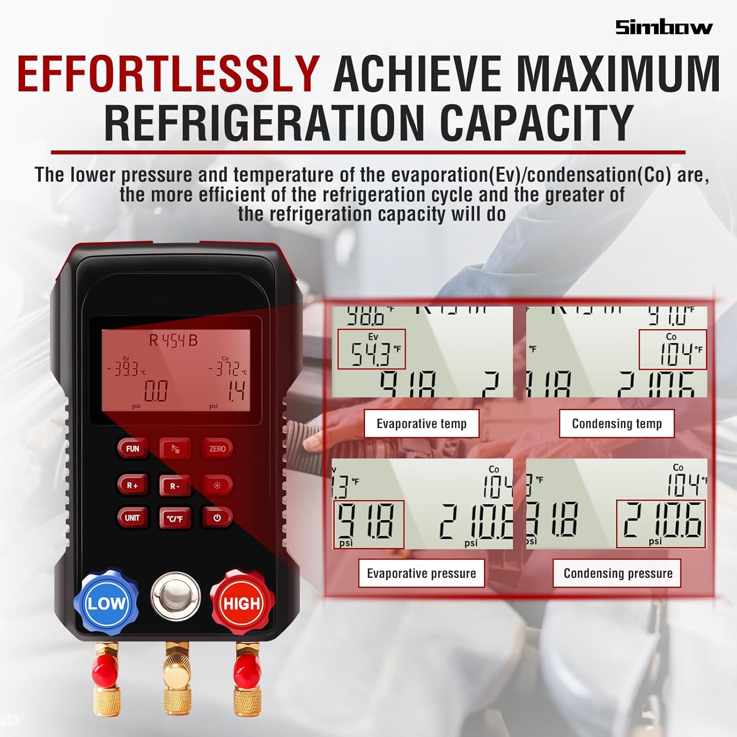 Digital Manifold Gauge, AMF-300 Digital AC Gauge Set HVAC Gauges with Super Soft 3000 Psi Air Hose Strong Biting Force Temperature Clamp for HVAC System Install Tool A2L R454B R-32 R-1234yf