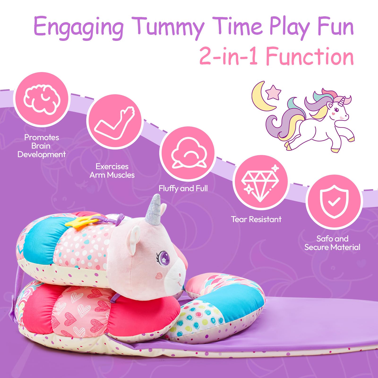 Koty Tummy Time Toys, 2-in-1 Unicorn Tummy Time Mat & Seated Support Pillow, Baby Toys 0-6 Months, Sensory Play Developmental Newborn Baby Shower Birthday Gifts for Boys Girls