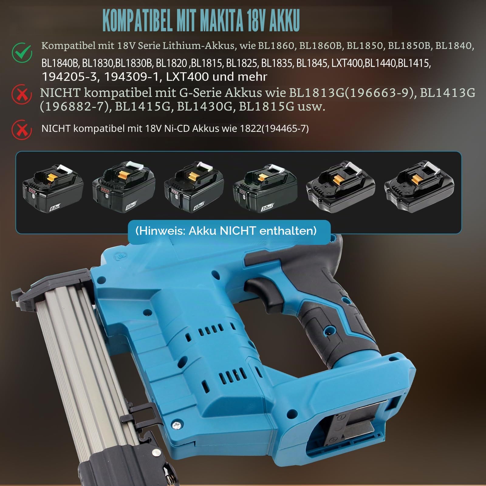 Brad Kabellose Nagelpistole, kompatibel mit Makita 18 V Akku, verbesserte 2-in-1 elektrische Nagelpistole/Tackerpistole für Holzbearbeitung, mit 1000 Nägeln und 1000 Klammern