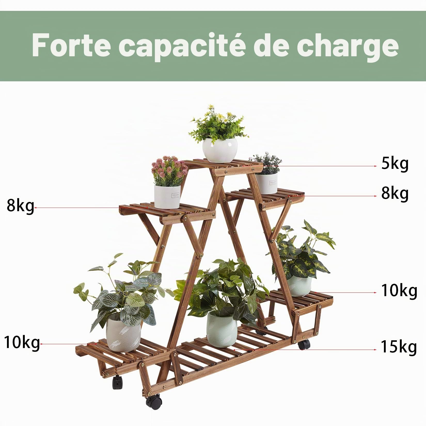 unho Porte Plante à Roulettes, Étagère Plantes Bois avec 6 Tablettes, Support Pot de Plante, Capacité de Charge Max 38kg, Conçu Pour Jardin, Balcon, Terrasse - 91x81x25cm