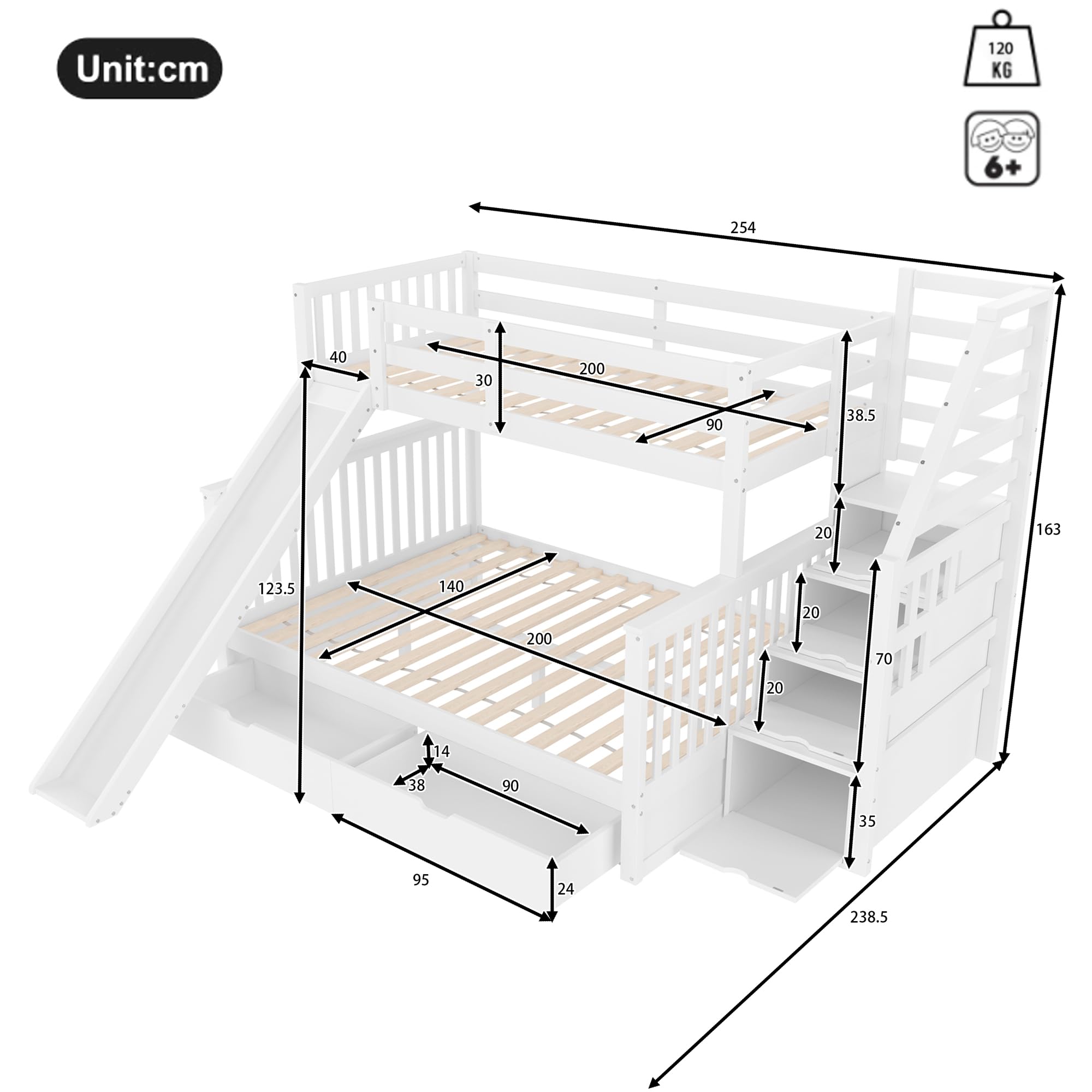 SACOOL Letto a castello 90x200 sopra 140x200 con cassetti portaoggetti e scivolo multifunzionale bianco
