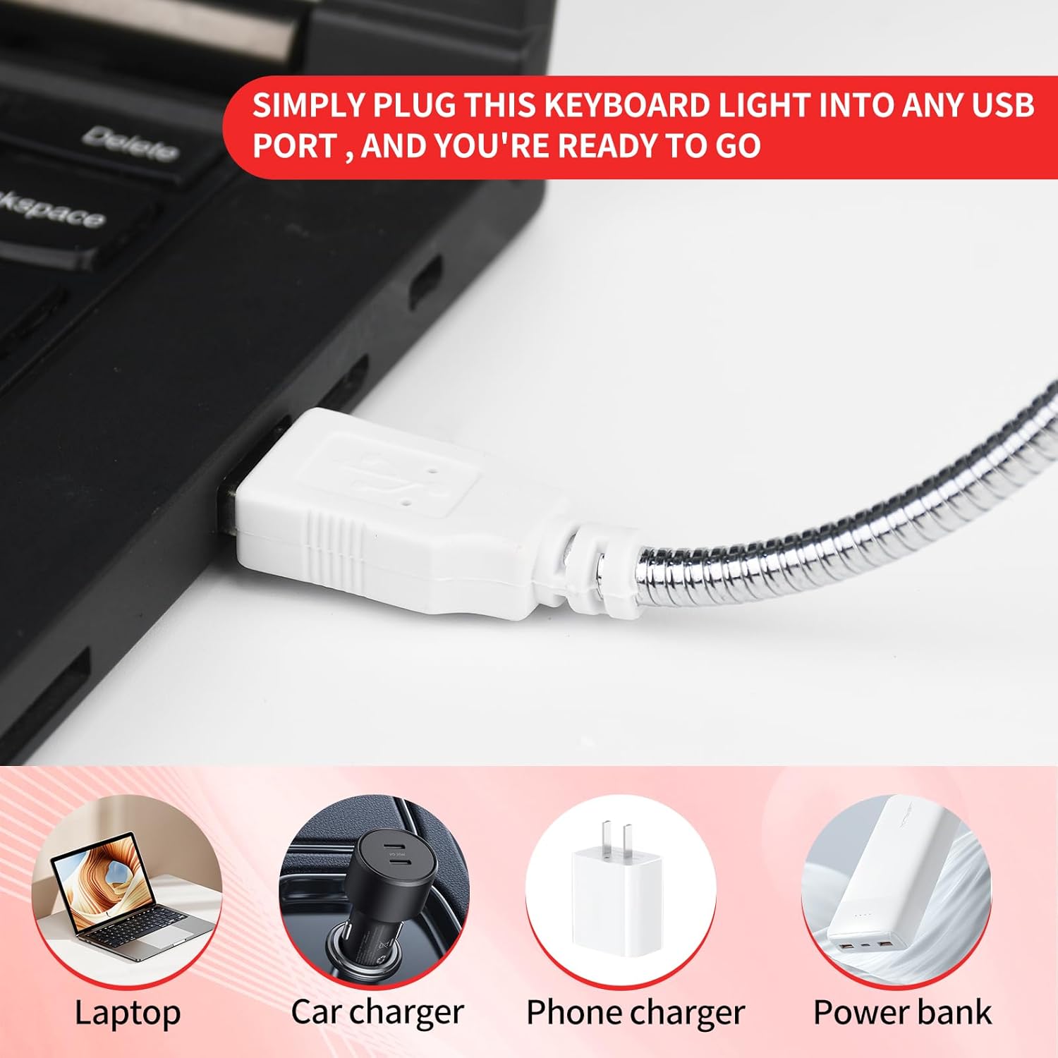 Illustration showing the USB plug of the CZBRO light and its compatibility with various USB power sources: laptop, car charger, phone charger, and power bank.