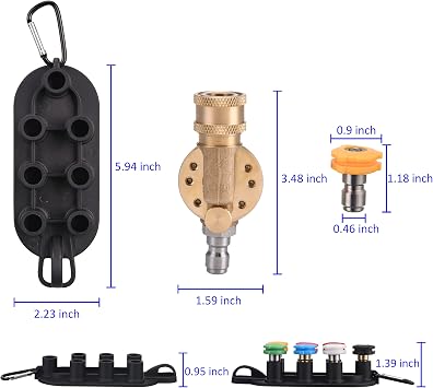 PWACCS Pressure Washer Pivoting Coupler Kit, 240 Degree Rotation, Pressure Washer Accessories Kit Including Gutter Cleaner Attachment and 7 Spray Nozzle Tips with Holder, 1/4 Quick Connect, 4500 PSI