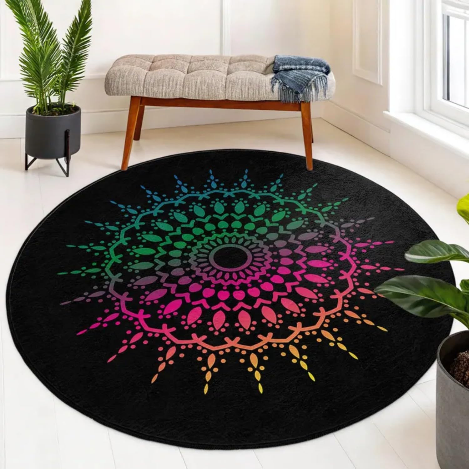 USHIRUG Mandala Area Rug,90cm 3D Colorful Abstract Geometric Floral Pattern Circle Rugs, Black Round Mat, Washable Non-Slip Entry Carpet for Living Room, Bedroom, Dining Room Floor Mat