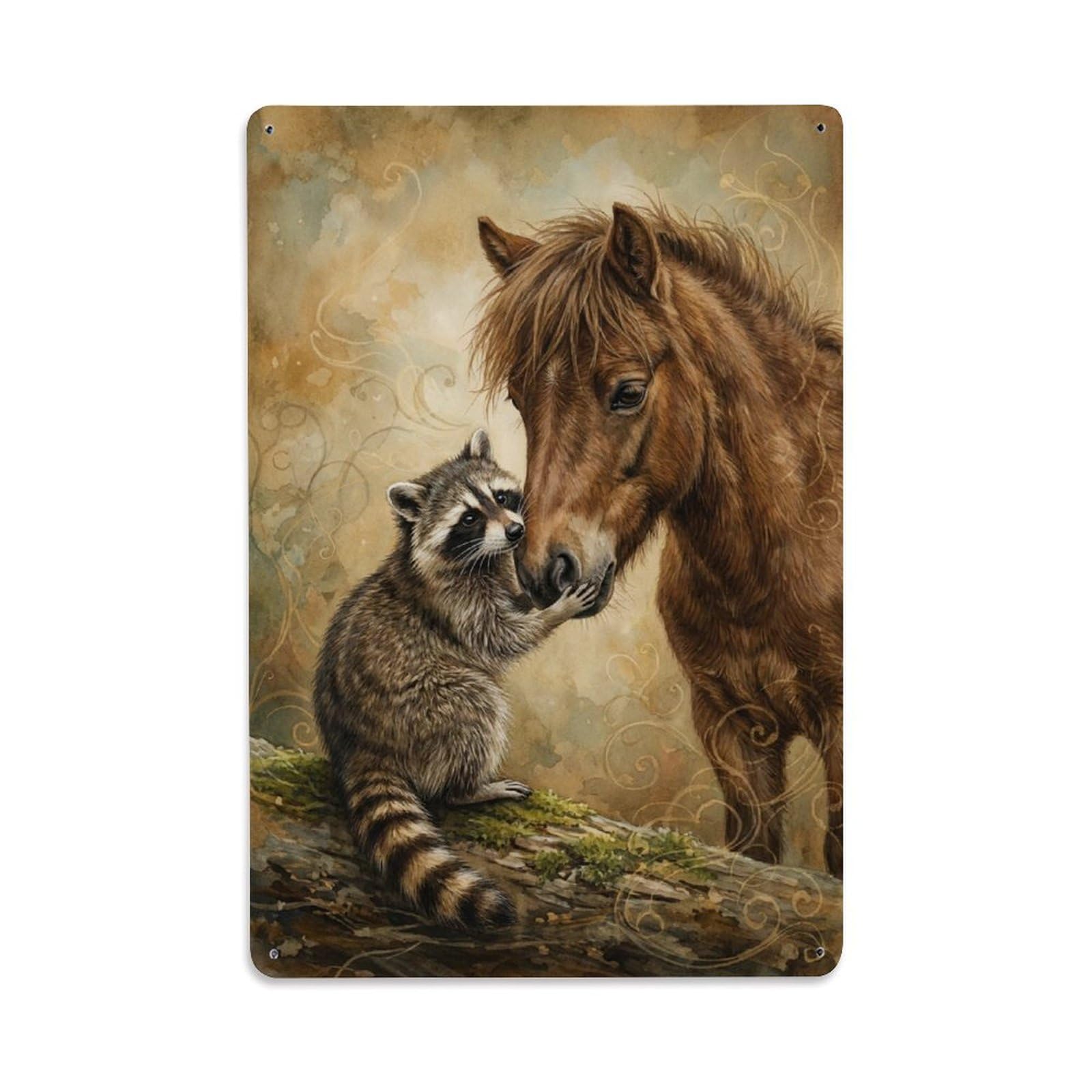 Metal Tin Sign Vintage Animal Cute Pony & Raccoon Animal Friendship