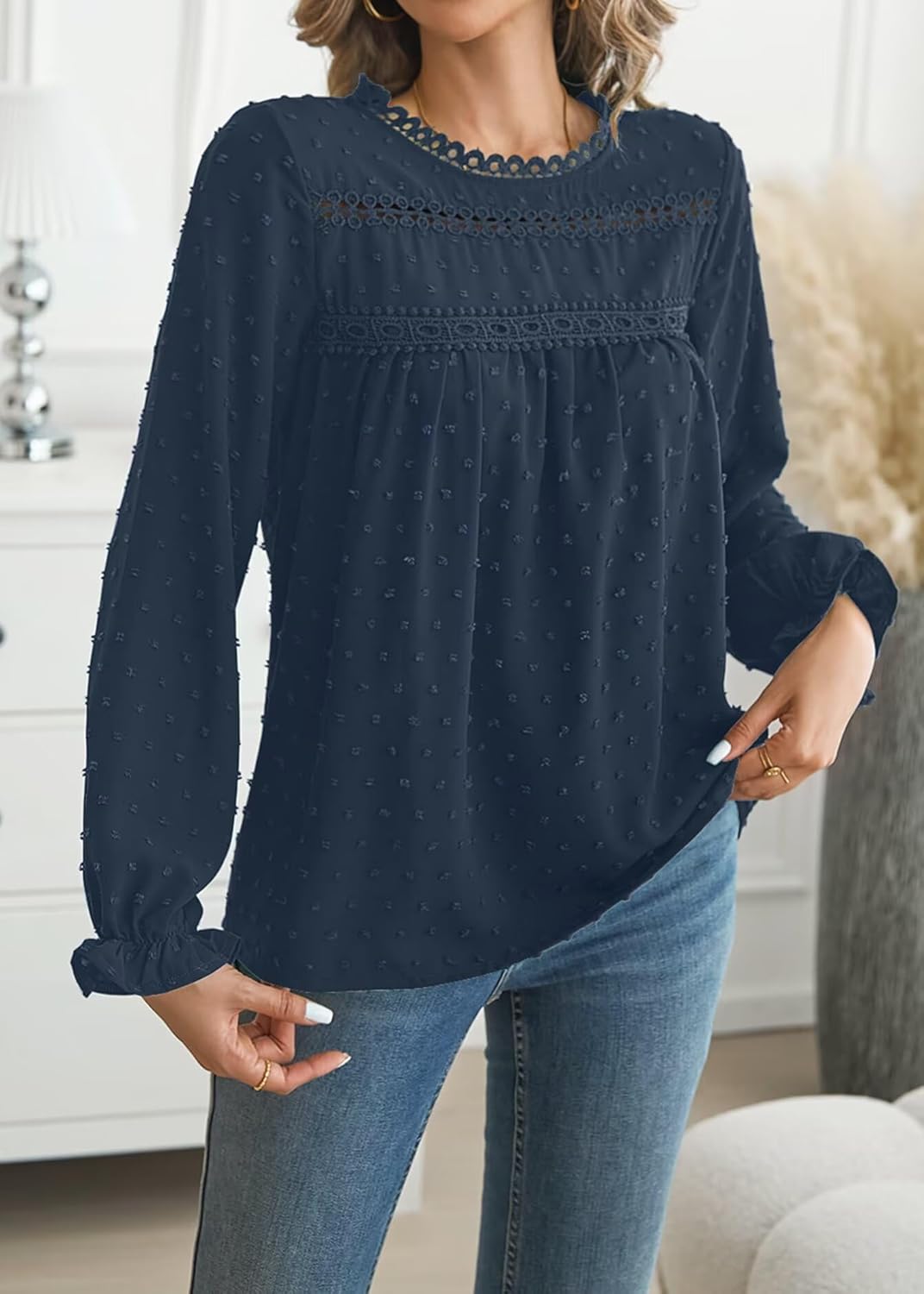 Womens Boho Tops Long Sleeve Shirts For Women Cute Crewneck Blouse Dressy Casual Swiss Dot Crochet Hollow Top 2026 - Image 5