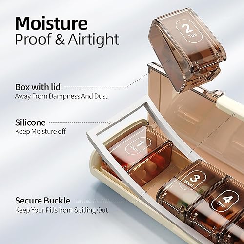 Miniatura 5 de Organizador semanal de píldoras, pastillero portátil de 7 días, organizador de píldoras medicinales a prueba de humedad, pastillero de viaje con