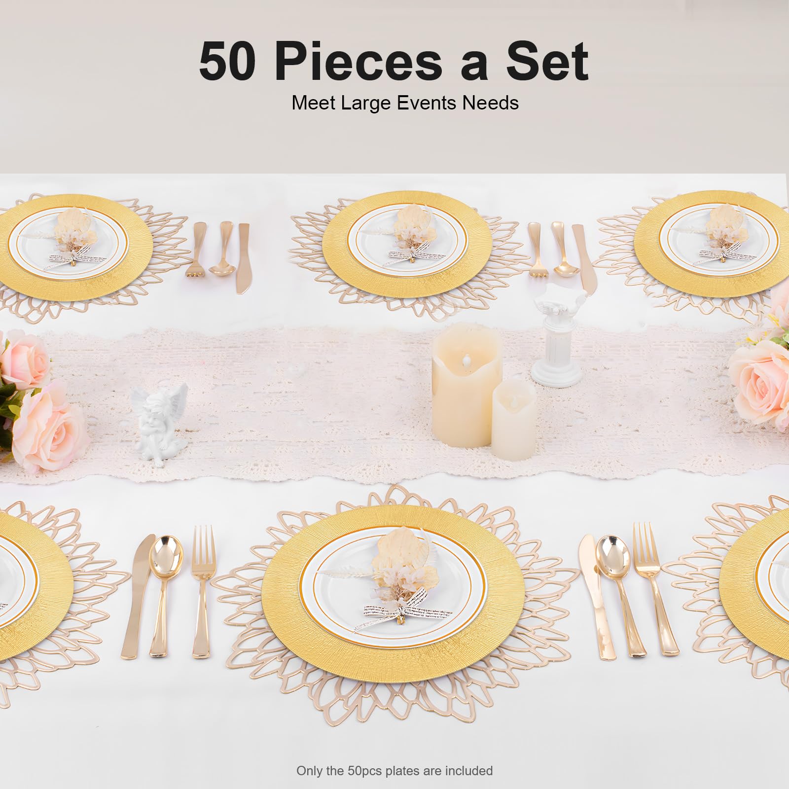 Set di piatti dorati per matrimonio, 50 pezzi, 33 cm, moderni, in polipropilene di alta qualità, impilabili, leggeri, riutilizzabili, design lucido per feste, banchetti, ristoranti