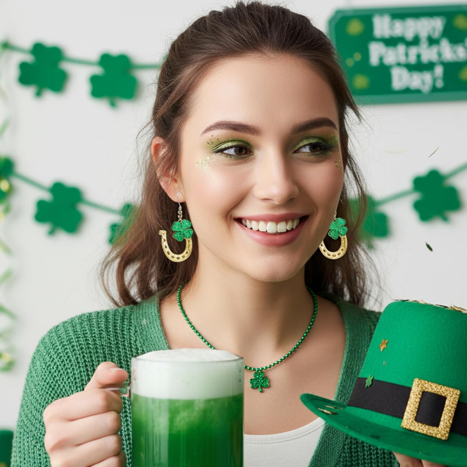 St Patricks Day Earrings, 9 Pairs Green Earrings with Shamrock and Irish Hat Designs for Women, Festive Stud and Dangle Earrings Set for St. Patrick's Day Accessories and Gifts - Image 5