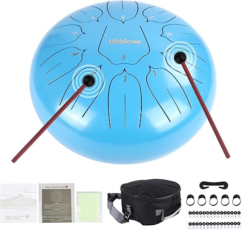 Miniatura 16 de Tambor de lengua de acero, tambor de tanque de mano, 11 notas, instrumento de percusión de meditación de 10 pulgadas con mazos, púas de dedos