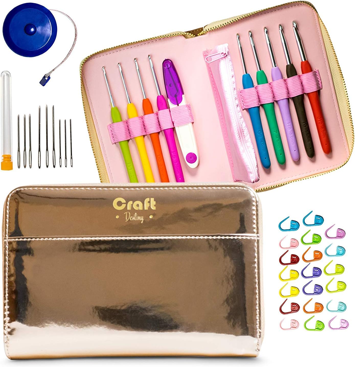 Crochet Hooks Set by Craft Destiny - 9 Ergonomic and Comfortable Hooks with Extra Long Handles - Everything You Need in Exclusive Crochet Hook Case - 31 pcs Crochet Accessories Kit - Rose Gold Style