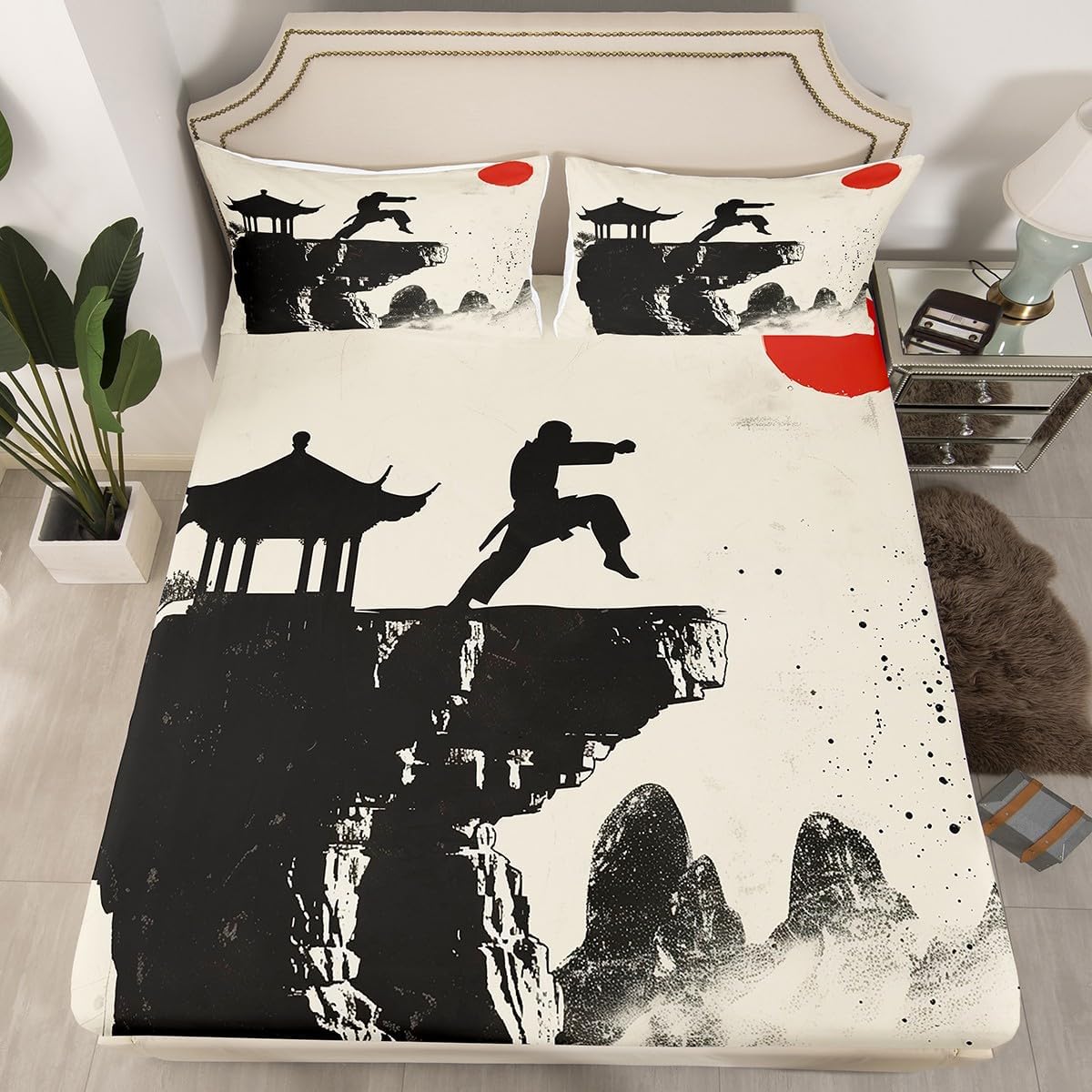 Manfei Karate Fitted Sheet Queen Size, Japanese Style Sports Theme Bedding Set 3pcs, Japanese Kungfu Bed Cover with 2 Pillowcases, Kids Boys Teens Adult Room Decor, Soft Bedding(No Top Sheet)