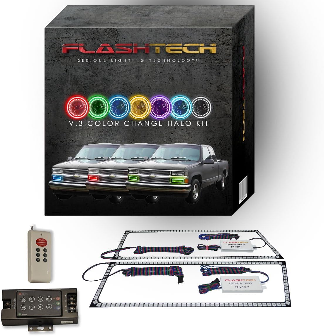 Flashtech RGB LED Halo Ring Accent Light Kit Compatible with Chevrolet C1500 (1988-1998) Headlight Housings - RF Remote