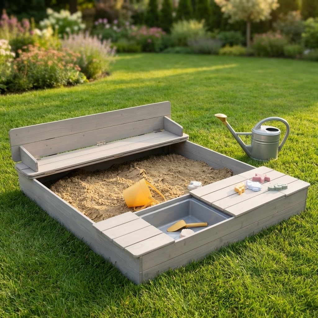 roba Sandkasten Outdoor + mit Abdeckung - Aufklappbare Sitzbank, 2 Spielwannen & 4 abnehmbare Sitzplatten als Deckel - Wetterfestes Holz grau lasiert