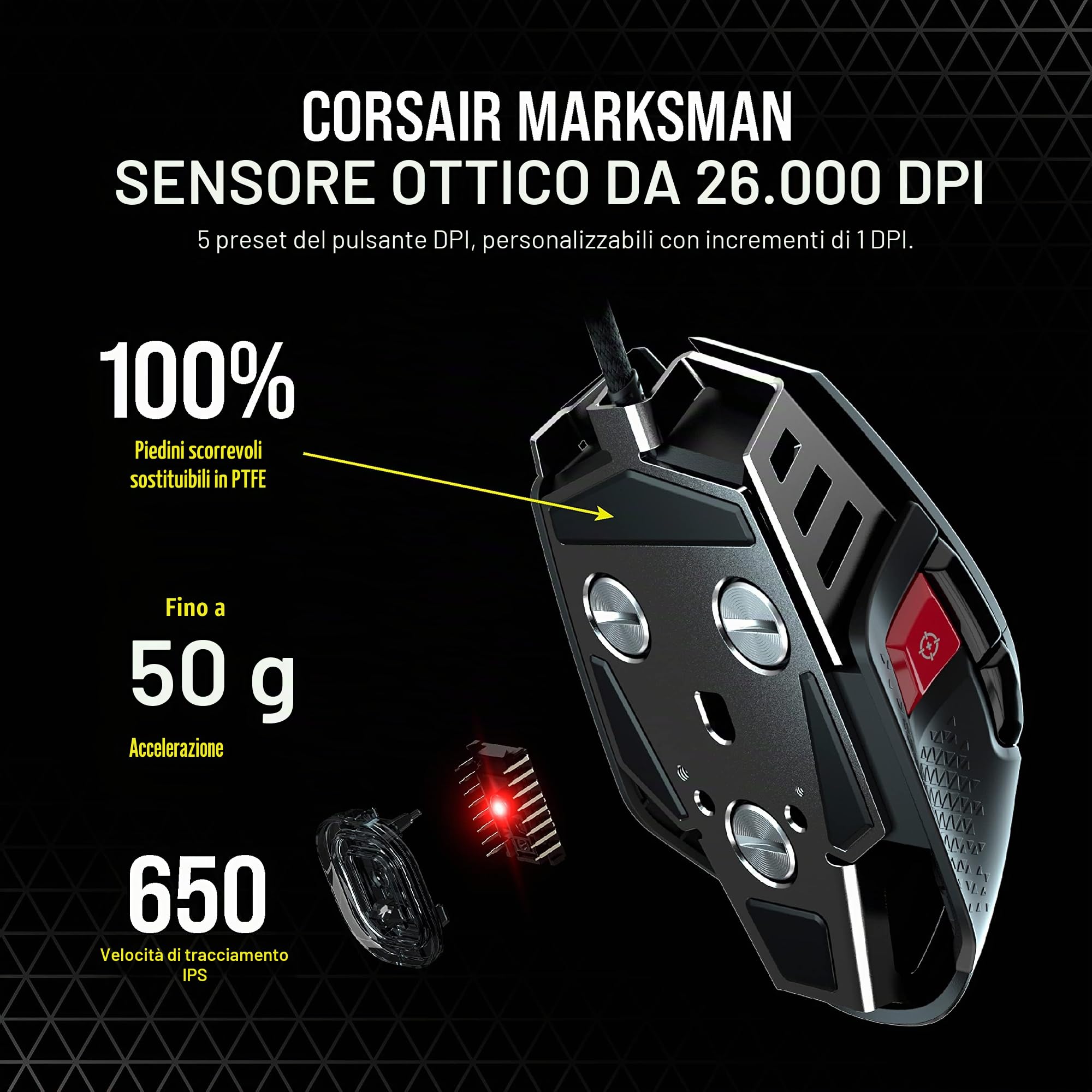 Corsair M65 RGB Ultra Tunable FPS Gaming Mouse Marksman Sensore ottico 26.000 DPI, interruttori ottici, tecnologia di iperelaborazione AXON, controllo Fusion Sensor, sistema di peso sintonizzabile -
