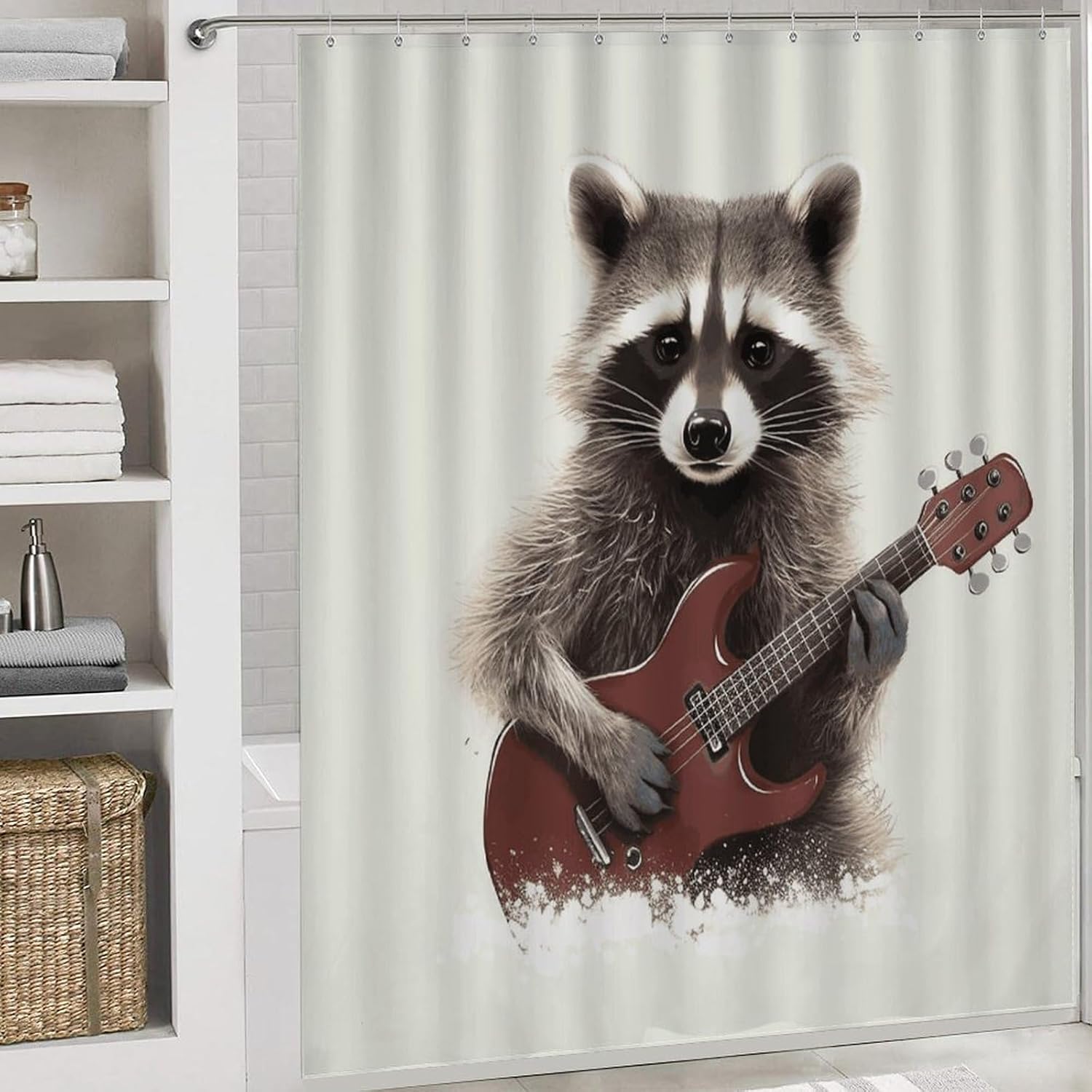 Funny Raccoon Shower Curtains Set 4 Piece with Non-Slip Rugs, Toilet Lid Cover and Bath Mat Soft Bathroom Carpet Waterproof Bathroom Curtain with 12 Hooks for Bathroom Decor