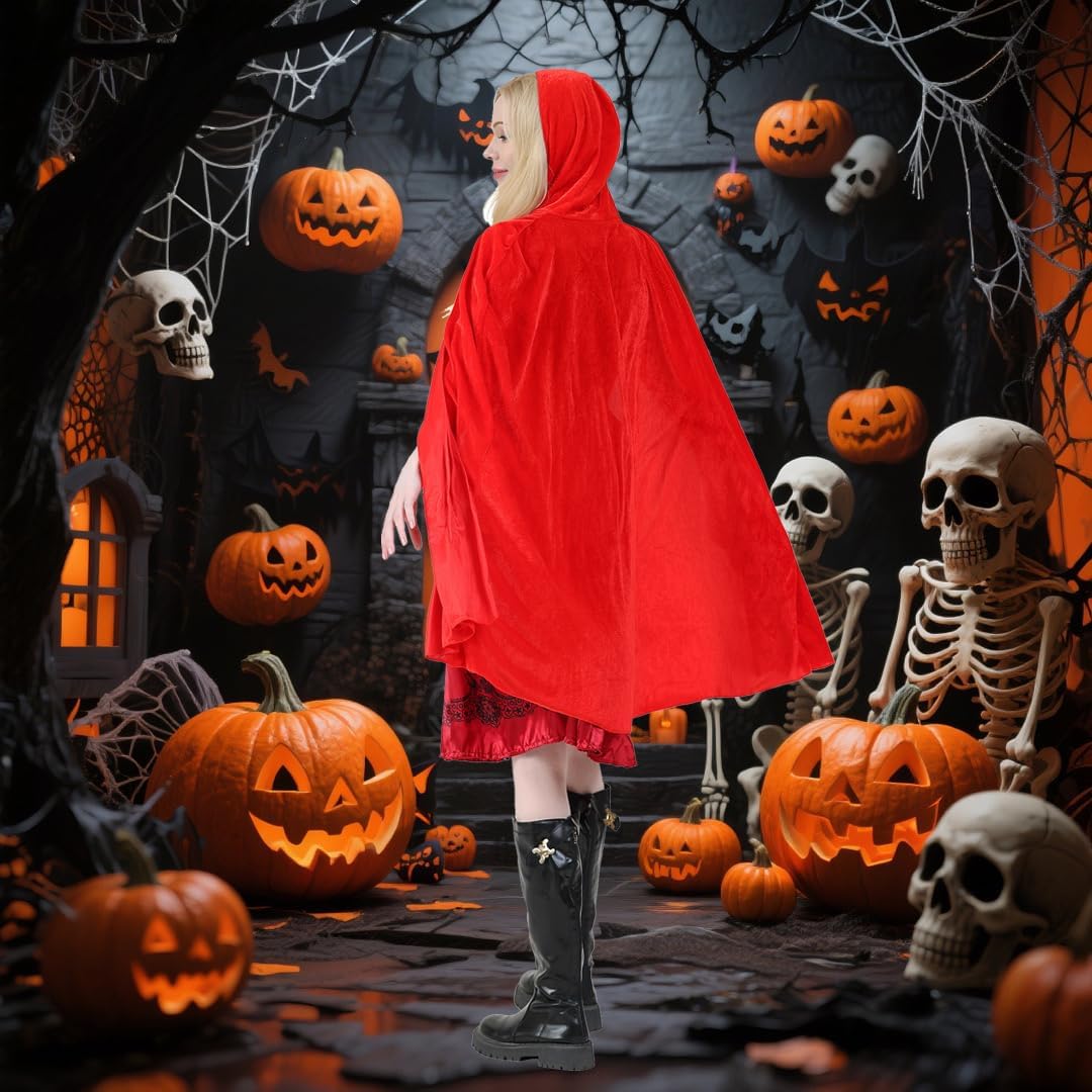 Little Red Riding Hood Costume for Women,Adult Halloween Costume Dress, Hooded Red Cloak Fairy Tale Cosplay Outfit