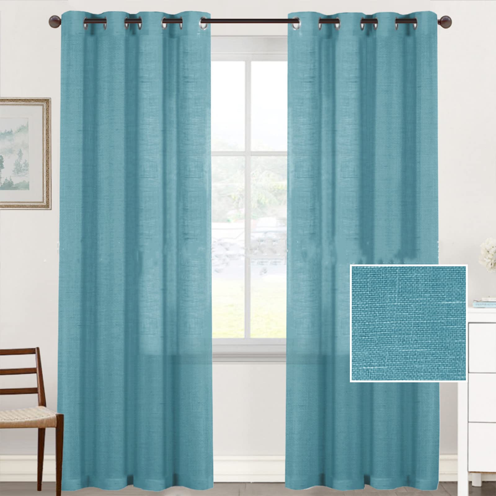 Hiseng Voile Curtains for Bedroom 2 Panels, Solid Color Sheer Curtains Eyelets Curtains Linen Translucent Window Screen Door Drapes for Living Room Balcony Home (132x160cm,Blue)