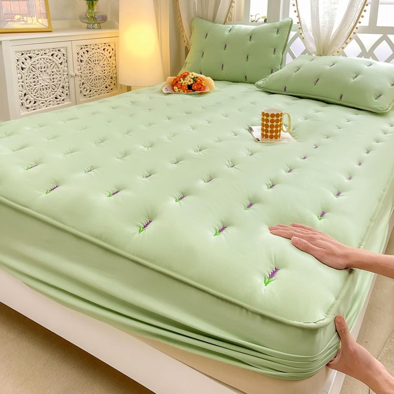 Beydodo Fitted Bed Sheets with Deep Pocket, Fitted Bed Sheet 120x200cm Solid Pink with Lavender Pattern, Polyester Fitted Bed Sheet for Dorm