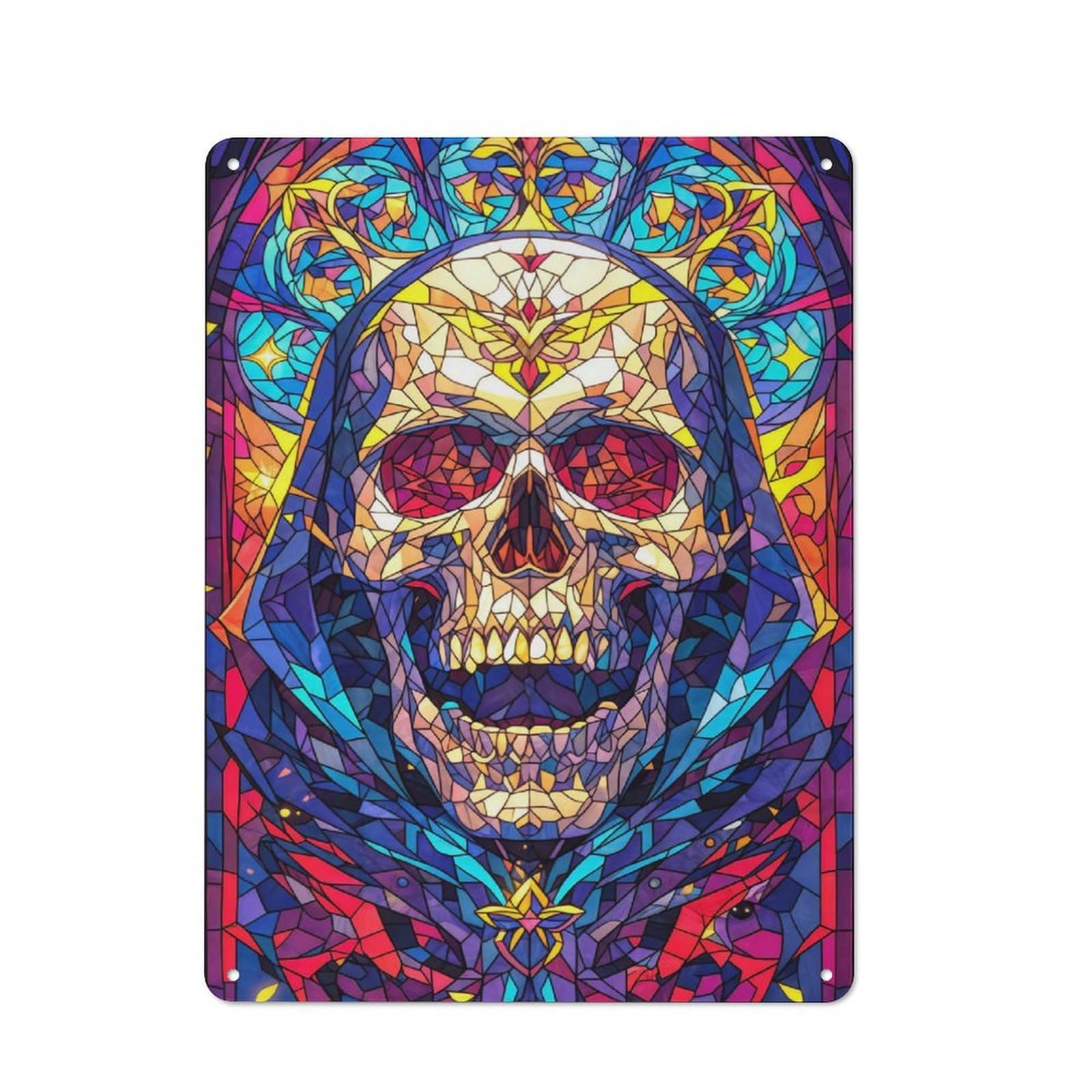 Metal Wall Sign 40x30cm Featuring Skull Stained Glass for Living Room Wall, for Metal Sign Collectors, for Garage And Workshop Walls