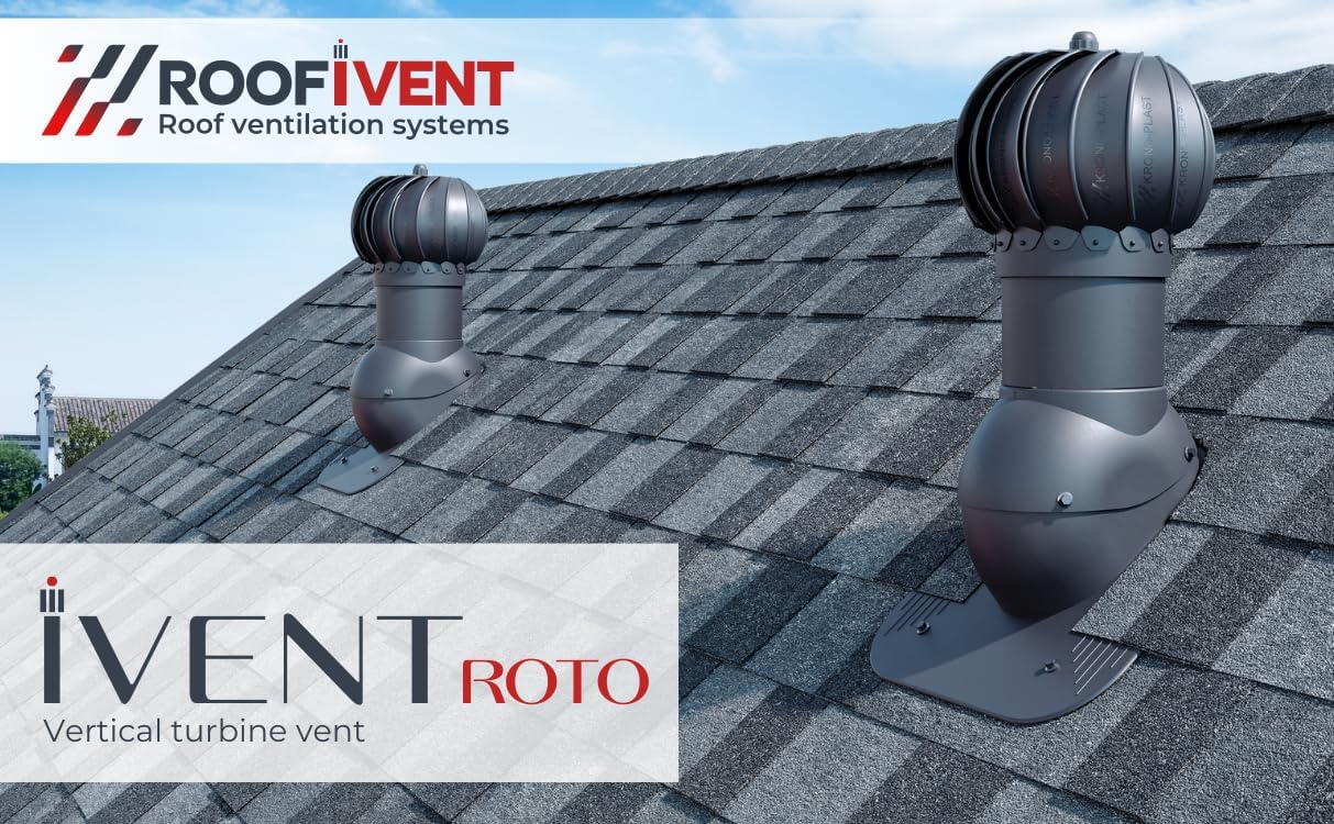 ROOFIVENT IVENT ROTO 6 inch Round Turbine Exhaust Vent for Kitchen/Bathroom/Attic Ventilation for Shingle and Slate roof/Black/Built in Spirit Level/Polypropylene/Condensation Drainage System