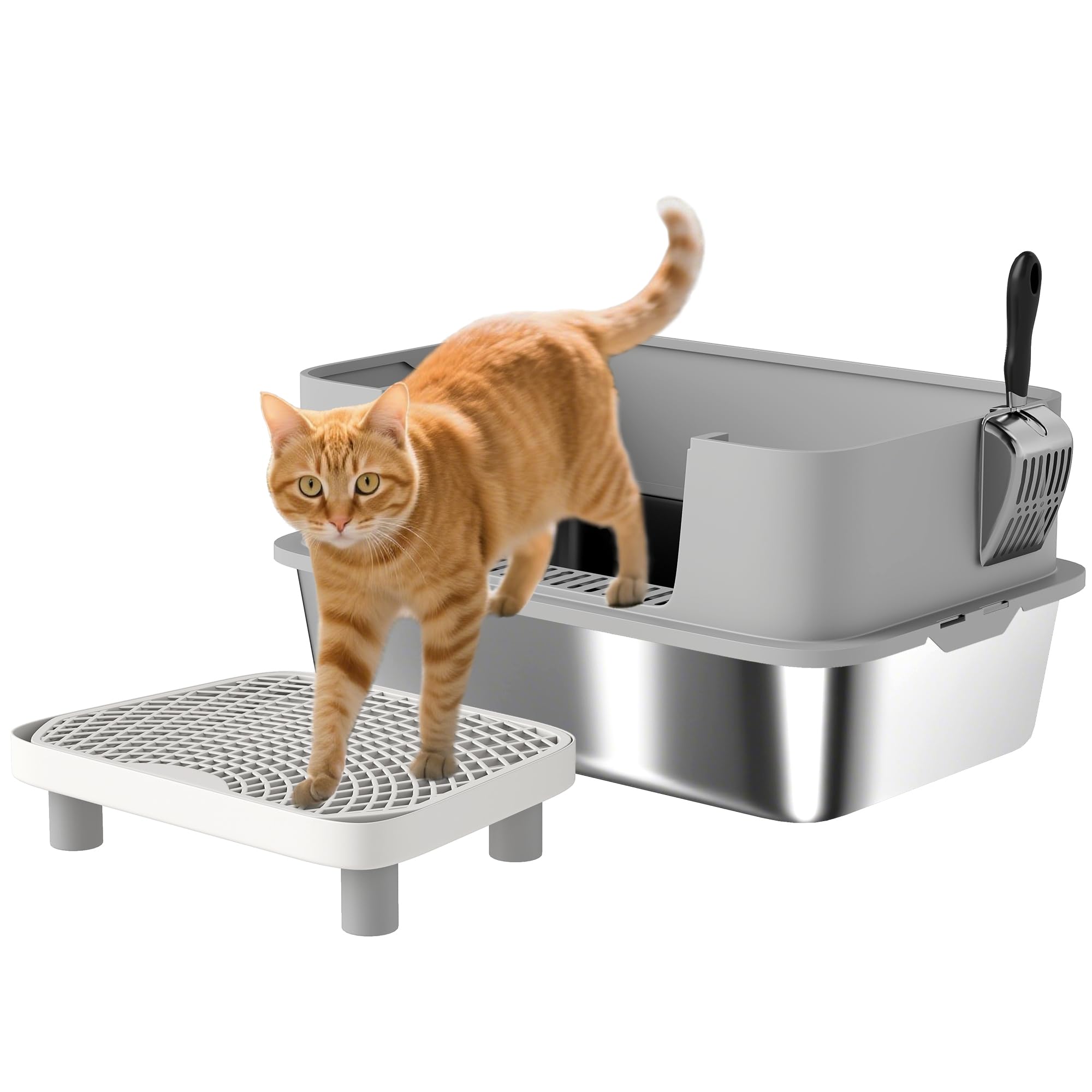 PawHut Stainless Steel Litter Box, Extra Large High Sided Cat Litter Box with Scoop, Pedal, Anti-Urine Leakage, Non-Sticky and Easy Cleaning, Gray