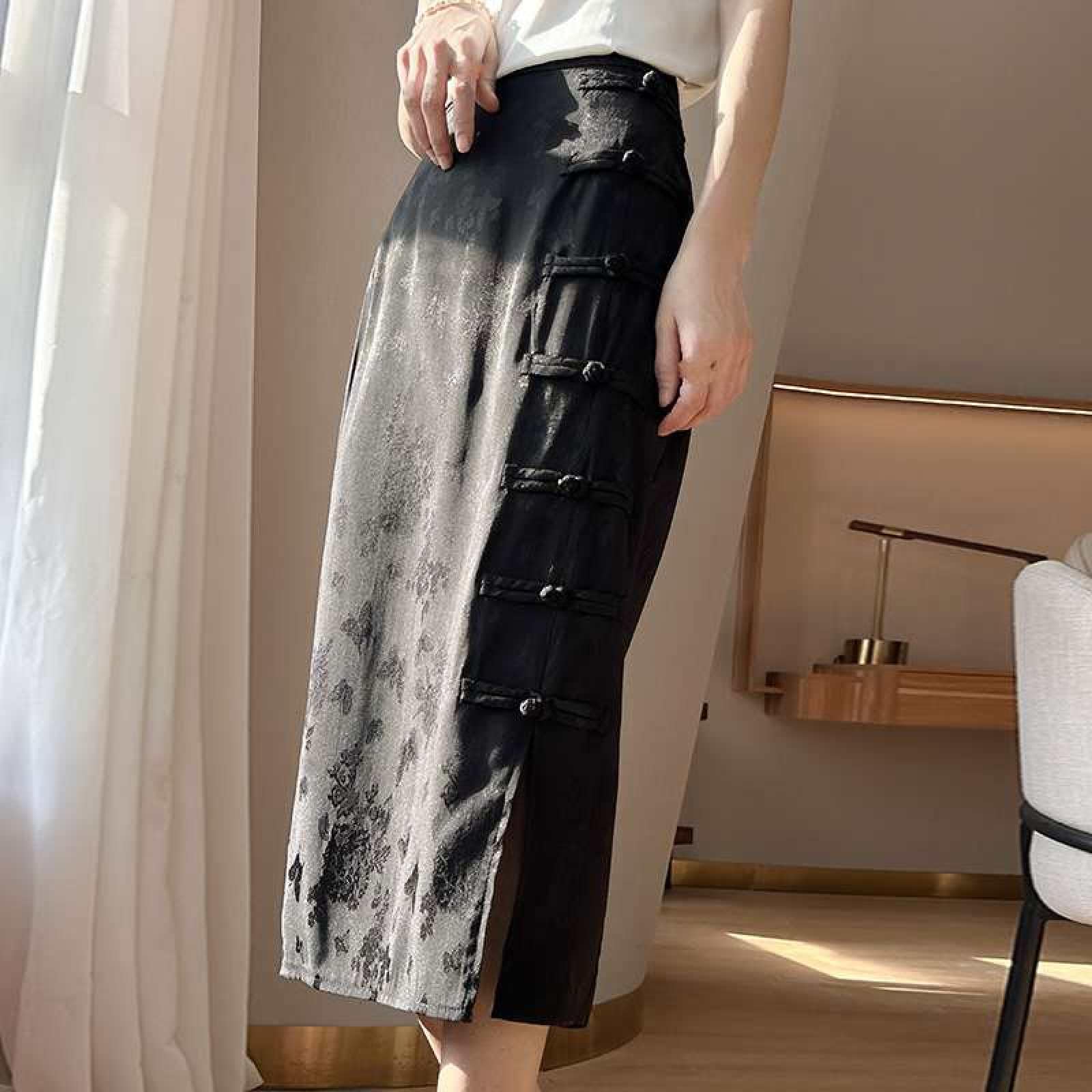 Jupe Droite en Satin De Soie pour Femme - Été Mi-Longue Taille Haute Jacquard Rétro Style Chinois Boucle Cheongsam Jupe Fendue À La Hanche, Jupe Drapée Souple Et Soyeuse À La Mode,Noir