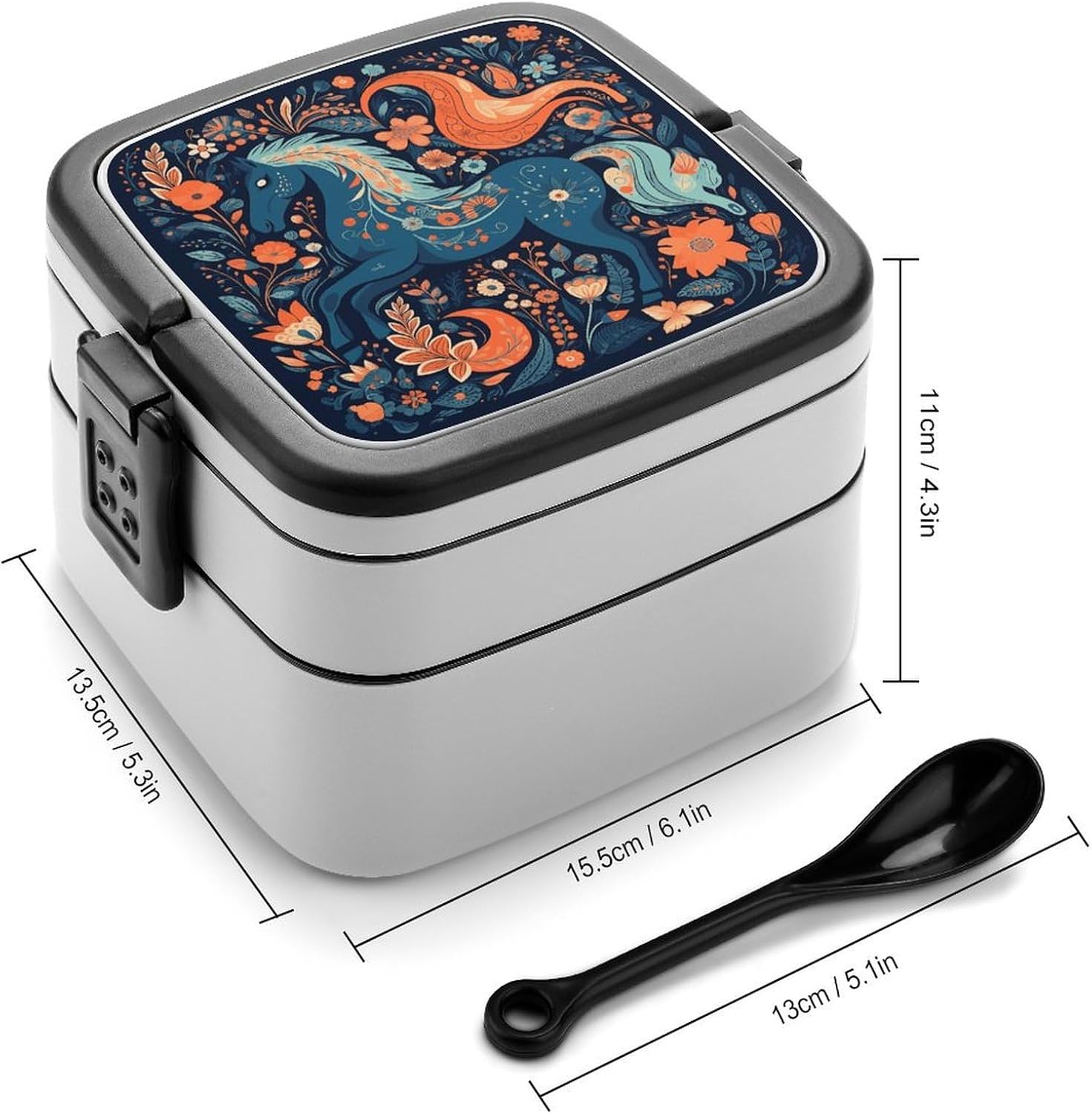 Bento Box with Spoon And Handle Playful Pony Printed Stackable Bento Box Portable Bento Lunch Box Container for Work Camping And Travel